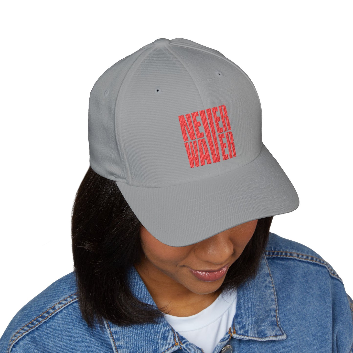 Stylish Embroidered Cap - "NEVER WAVER" Red Baseball Hat