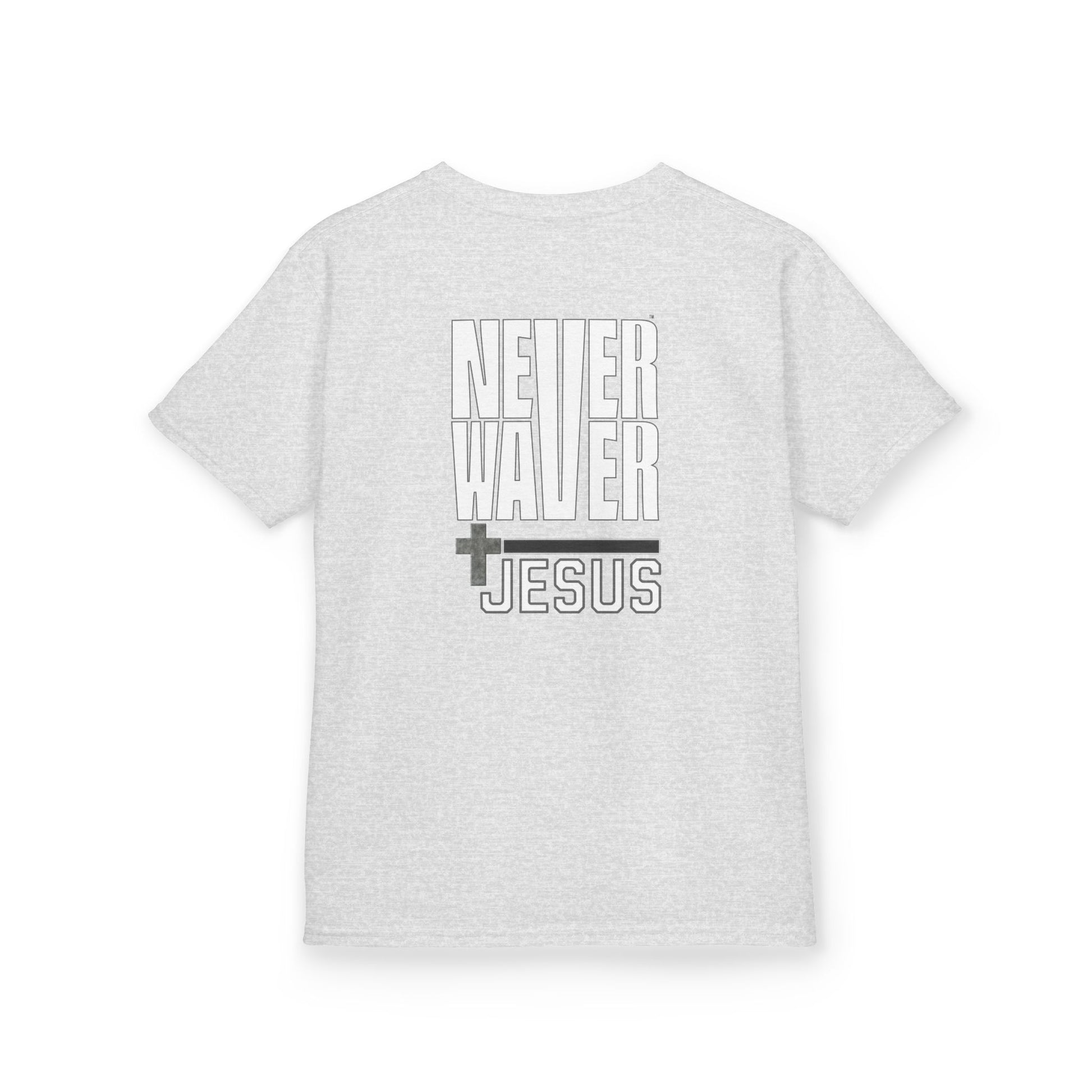 Kids Golf Tee -Never Waver” Jesus a bold, eye-catching design that reflects a steadfast faith and confidence in Christ. - Never Waver