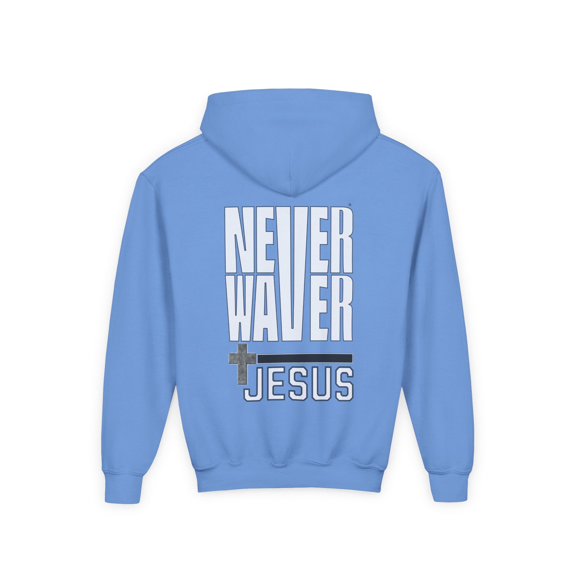 Youth Jesus Hoodie - "Never Waver” Jesus bold, eye-catching design that reflects a steadfast faith and confidence in Christ. " Sweatshirt for Young Jesus Lovers - Never Waver
