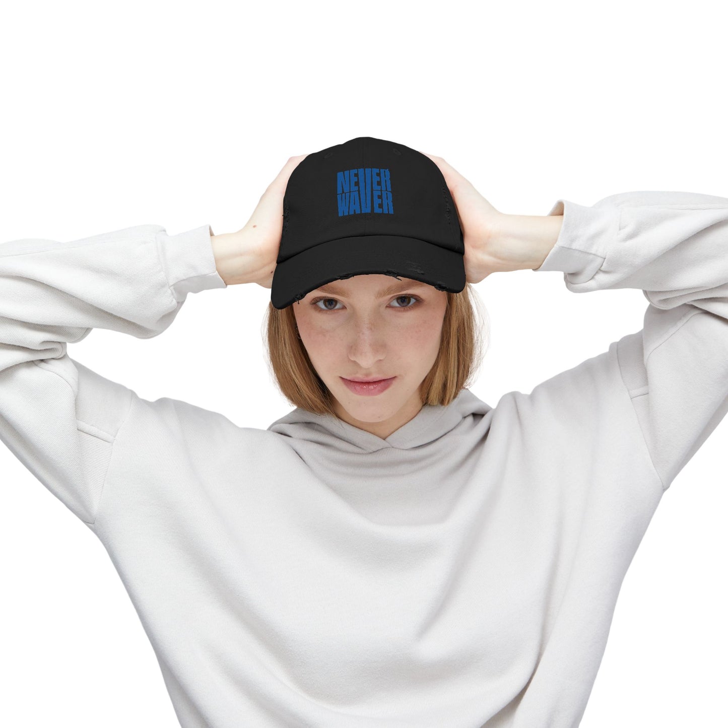 Unisex Distressed Cap - ‘NEVER WAVER’ Motivational Hat for Everyday Inspiration