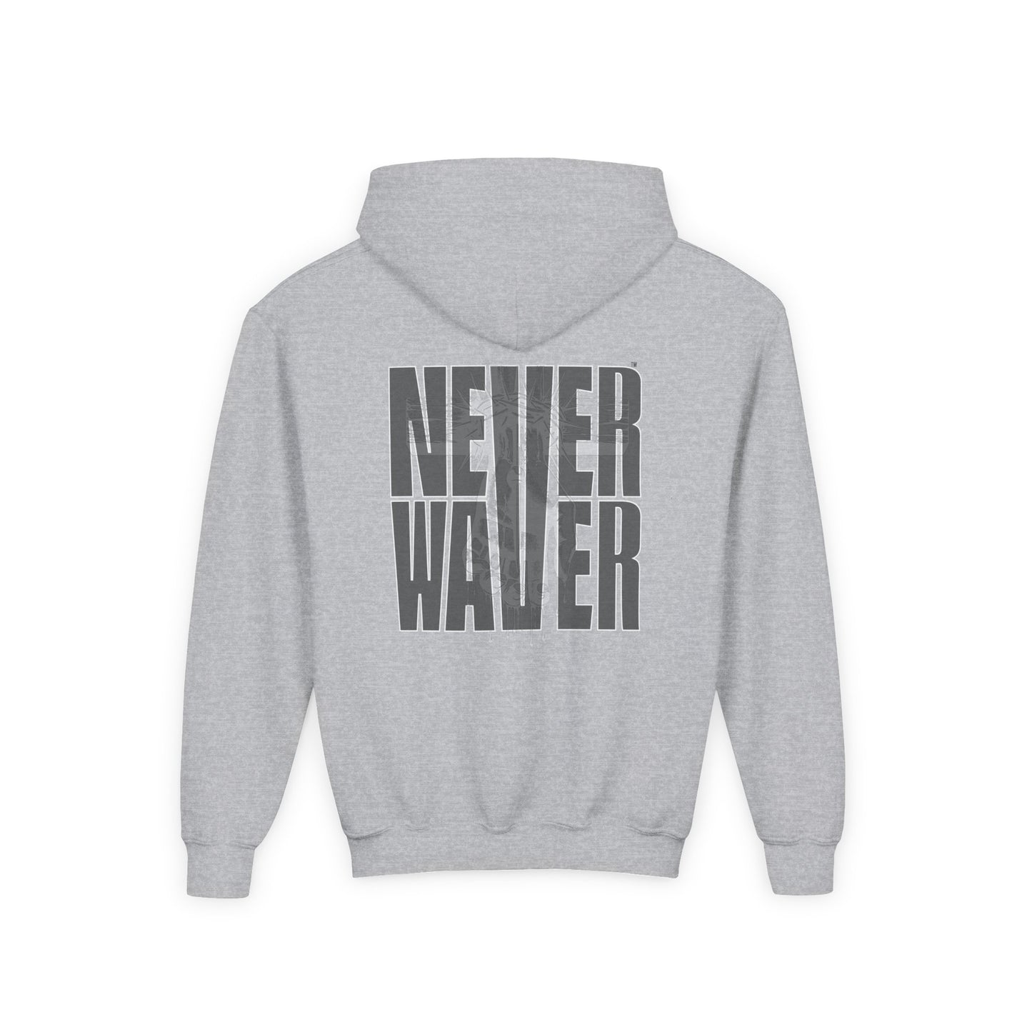 Hoodie - "Never Waver” Jesus a bold, eye-catching design that reflects a steadfast faith and confidence in Christ. " Sweatshirt for Young - Never Waver
