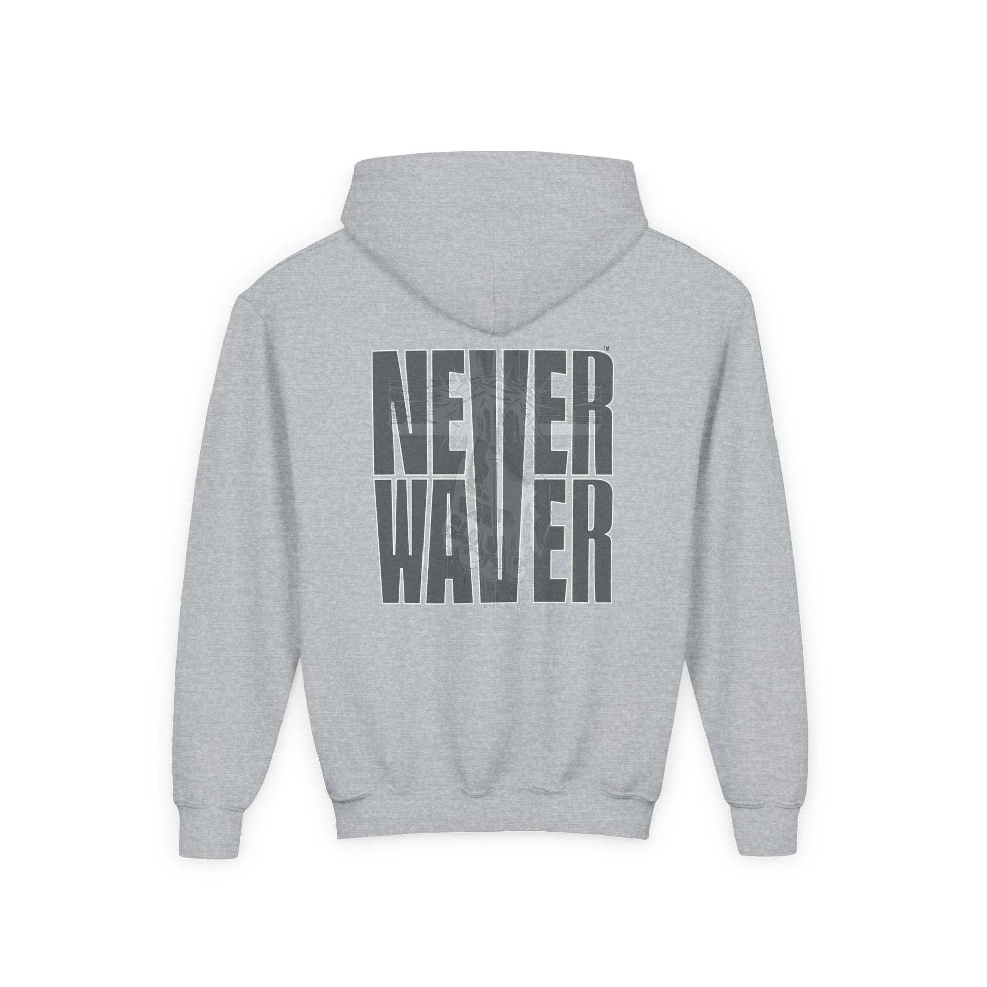 Hoodie - "Never Waver” Jesus a bold, eye-catching design that reflects a steadfast faith and confidence in Christ. " Sweatshirt for Young - Never Waver
