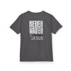 Kids Golf Tee -Never Waver” Jesus a bold, eye-catching design that reflects a steadfast faith and confidence in Christ. - Never Waver