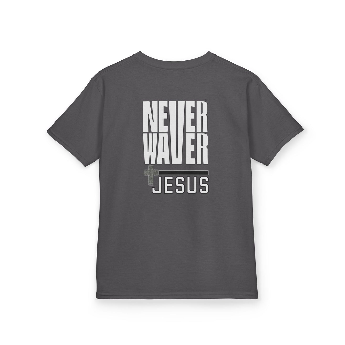 Kids Golf Tee -Never Waver” Jesus a bold, eye-catching design that reflects a steadfast faith and confidence in Christ. - Never Waver