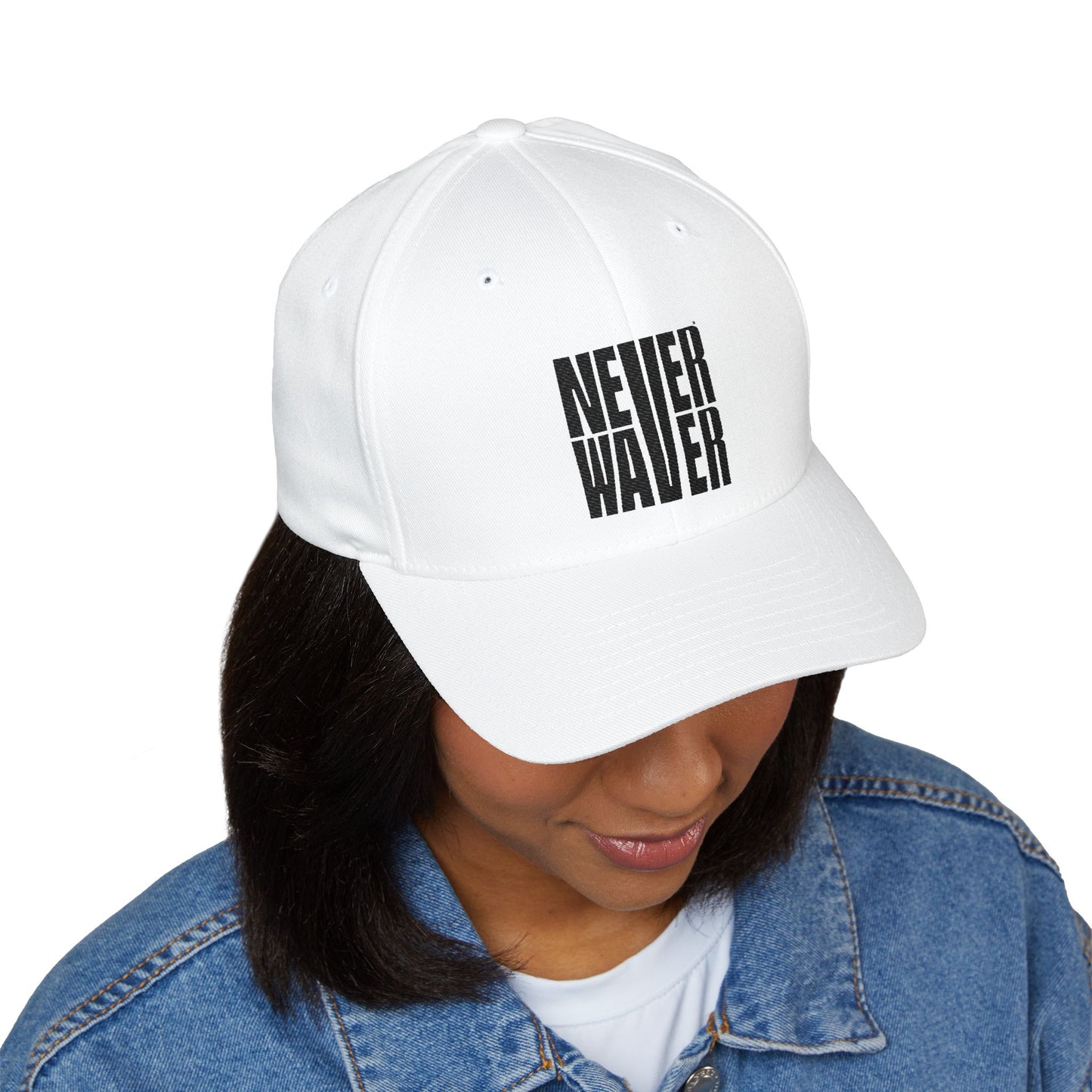 Never Waver Embroidered Cap - Structured White Baseball Hat for Motivation and Style