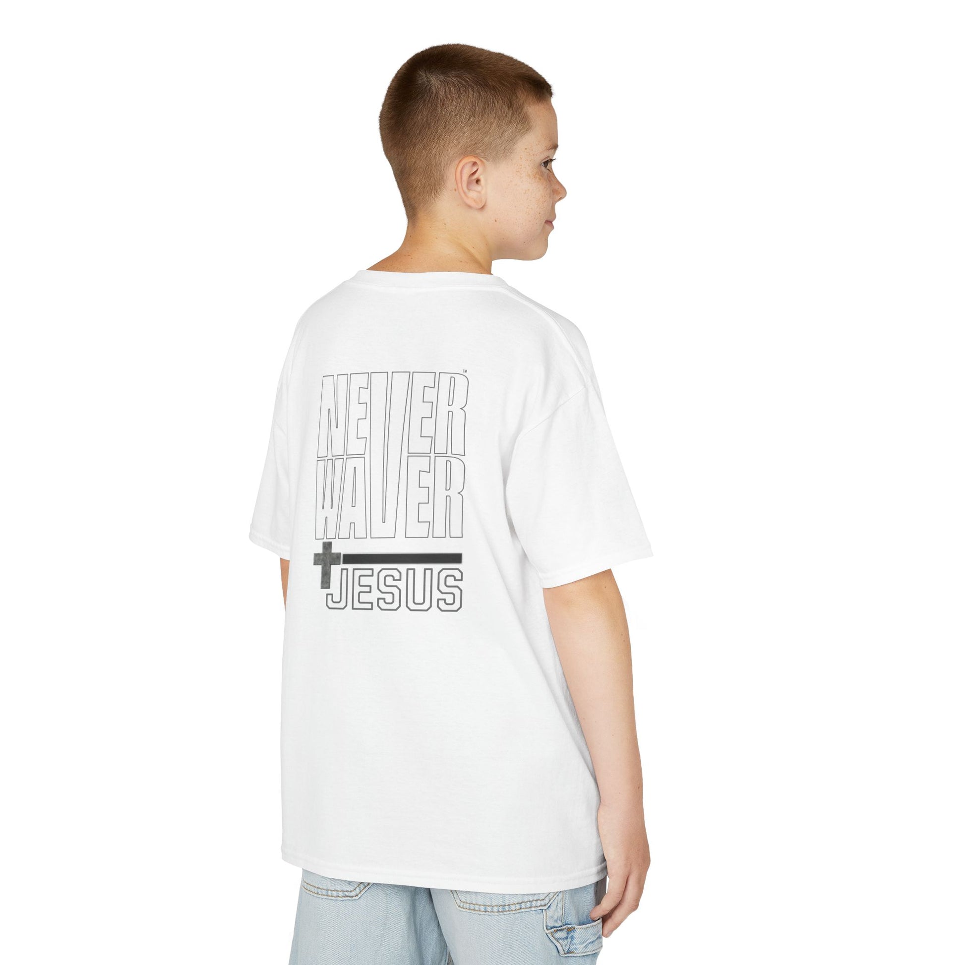 Kids Golf Tee -Never Waver” Jesus a bold, eye-catching design that reflects a steadfast faith and confidence in Christ. - Never Waver