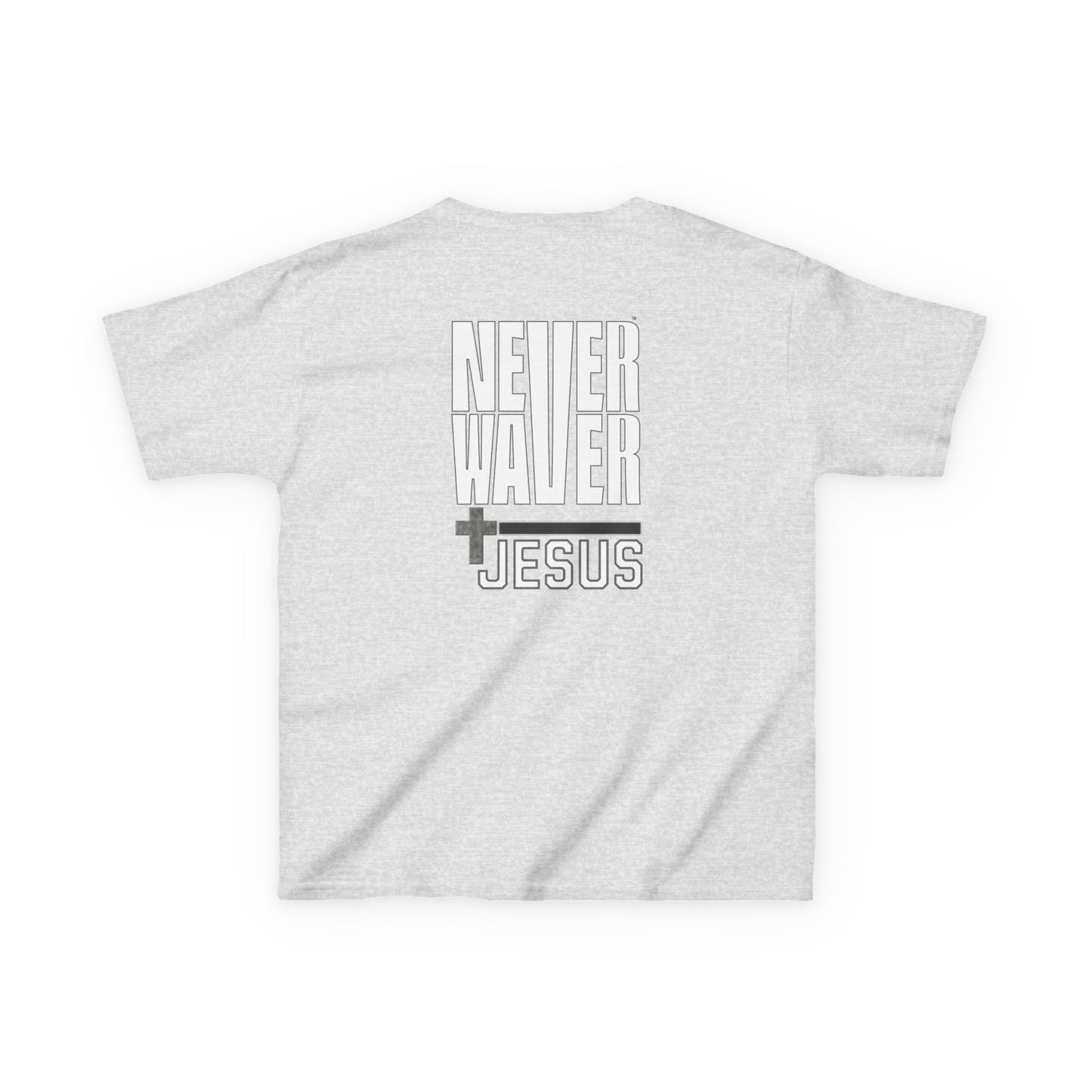 Kids Golf Tee -Never Waver” Jesus a bold, eye-catching design that reflects a steadfast faith and confidence in Christ. - Never Waver