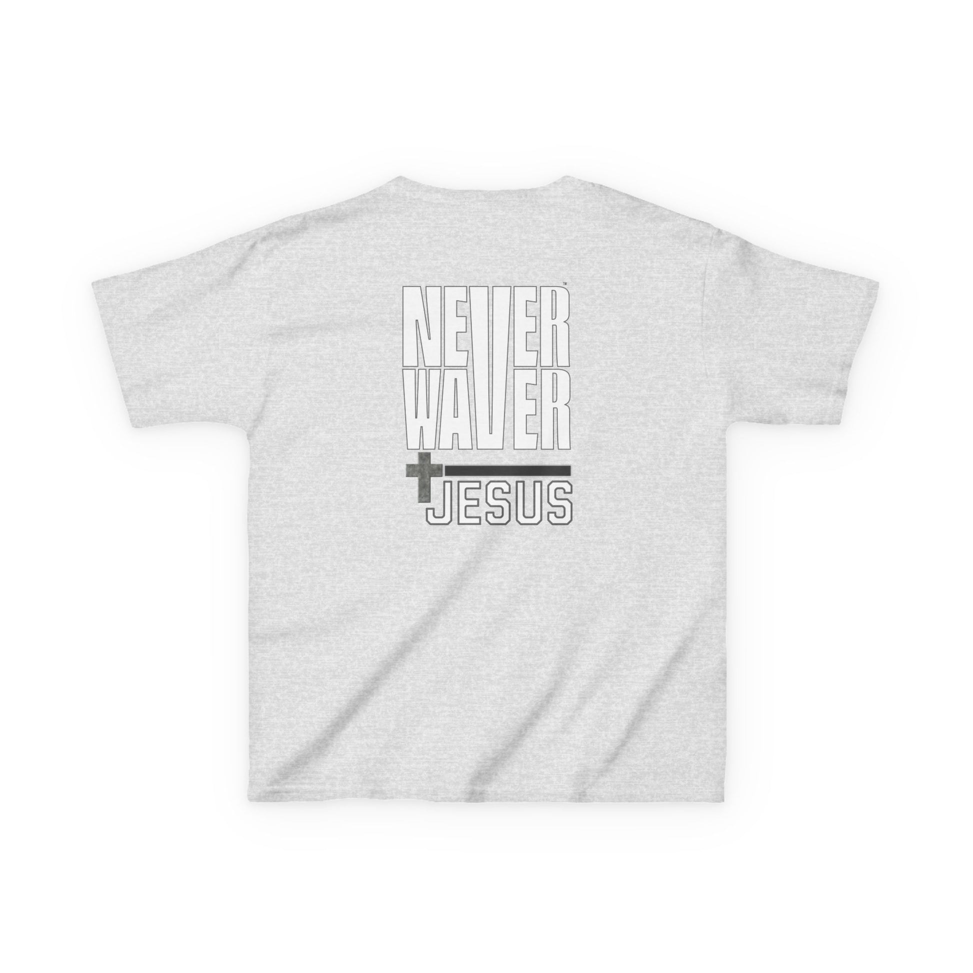 Kids Golf Tee -Never Waver” Jesus a bold, eye-catching design that reflects a steadfast faith and confidence in Christ. - Never Waver