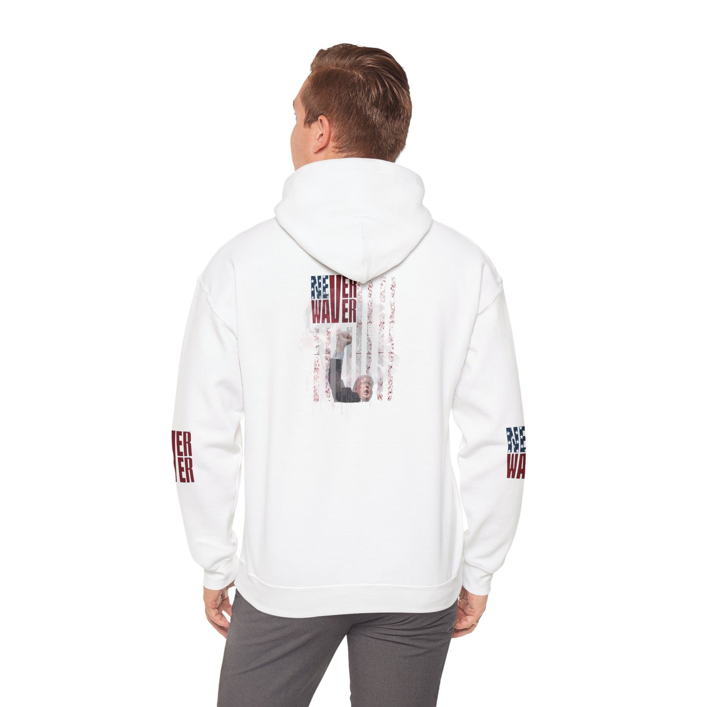Unisex Heavy Blend™ Hooded Sweatshirt - Stylish Comfort with 'Never Waver Trump Fist Pump W Jesus  Protection' Design - Never Waver