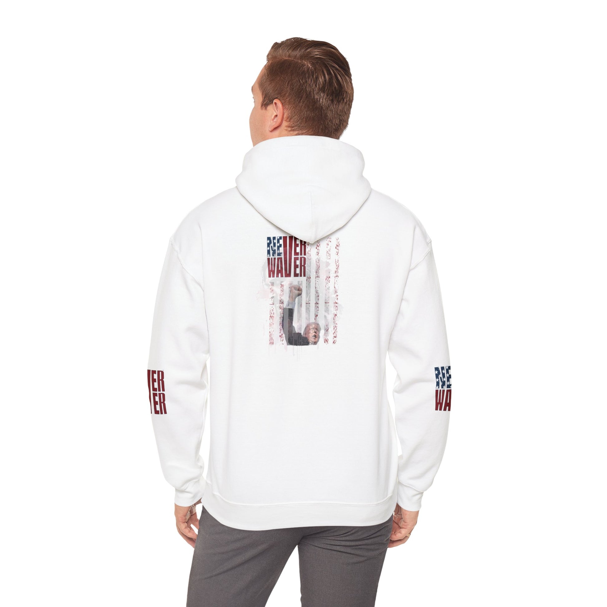 Unisex Heavy Blend™ Hooded Sweatshirt - Stylish Comfort with 'Never Waver Trump Fist Pump W Jesus  Protection' Design - Never Waver
