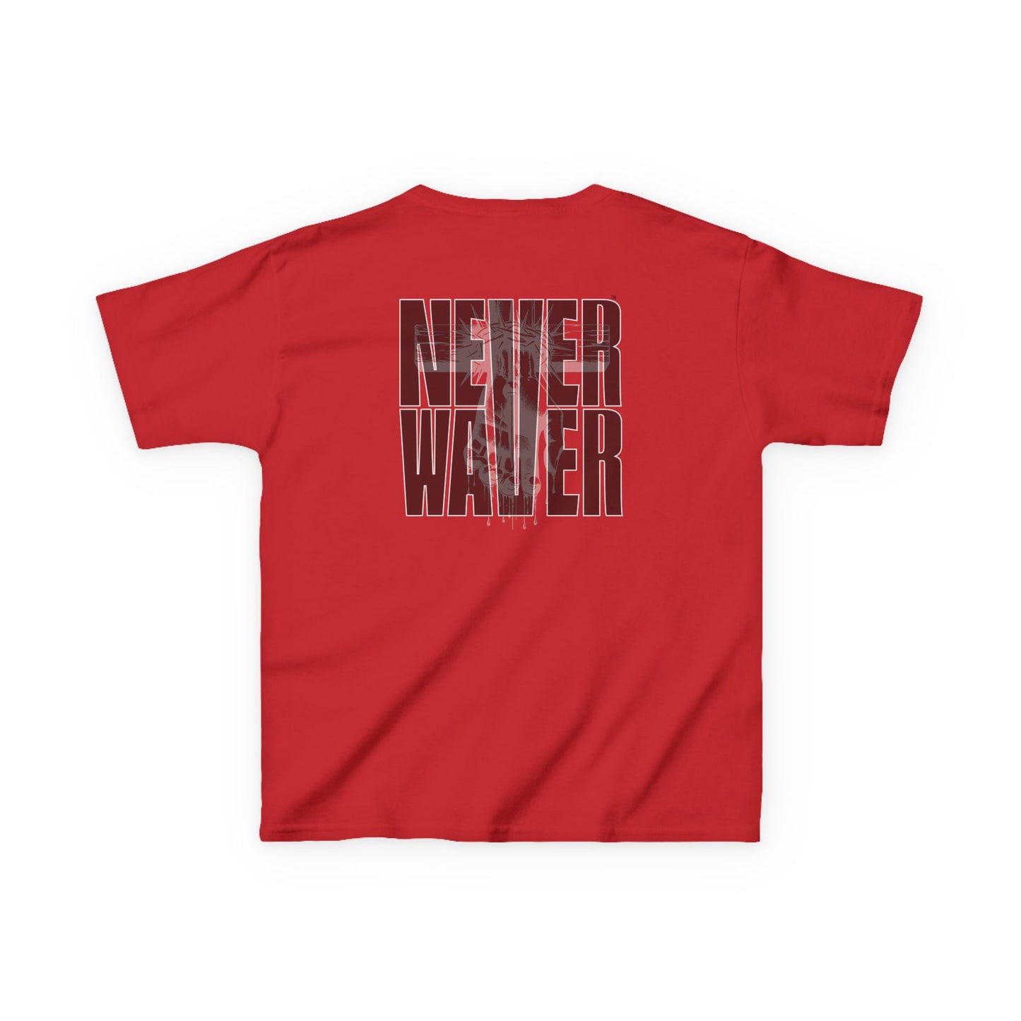 Kids Tee Never Waver” Jesus t-shirt might feature a bold, eye-catching design that reflects a steadfast faith and confidence in Christ.  - Never Waver