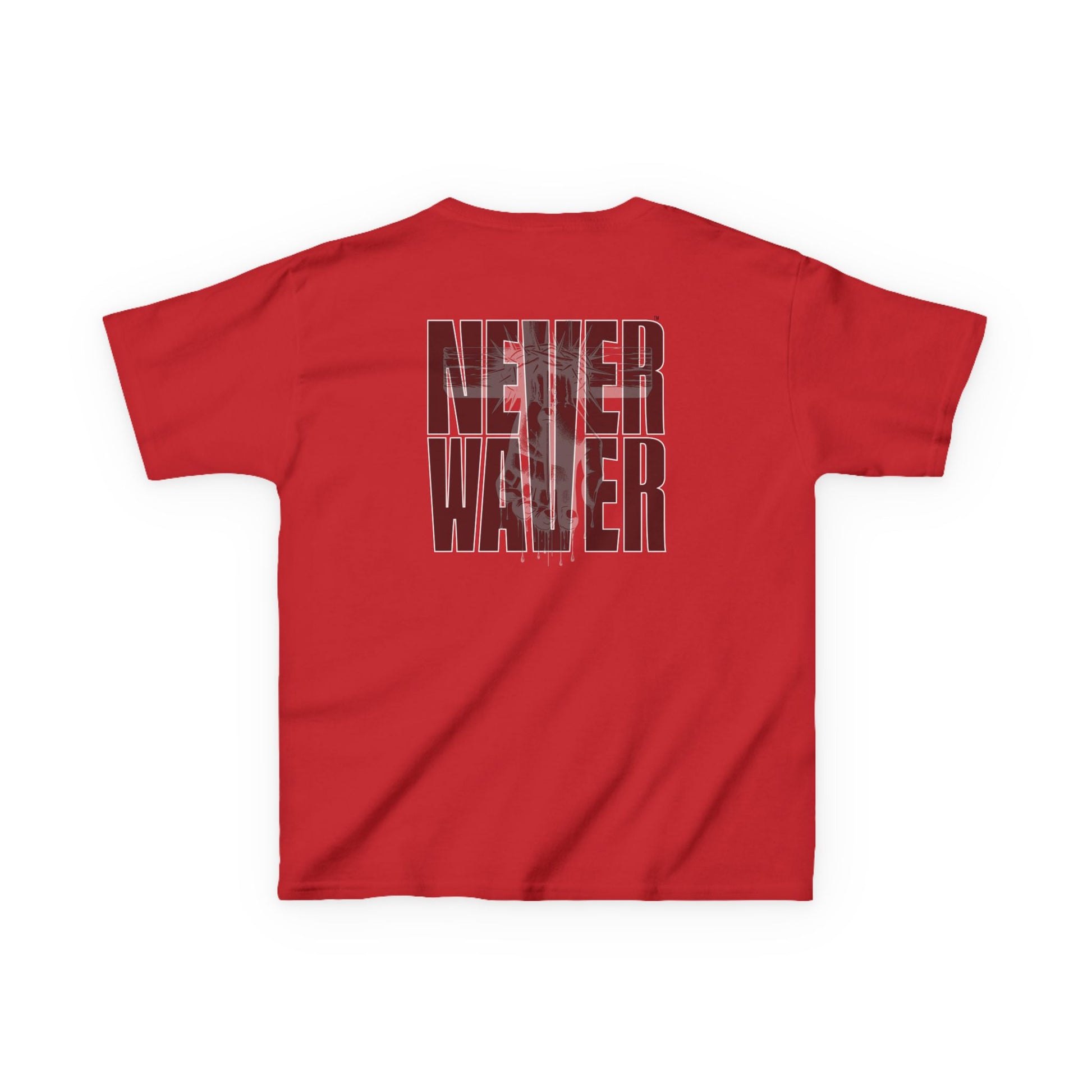 Kids Tee Never Waver” Jesus t-shirt might feature a bold, eye-catching design that reflects a steadfast faith and confidence in Christ.  - Never Waver
