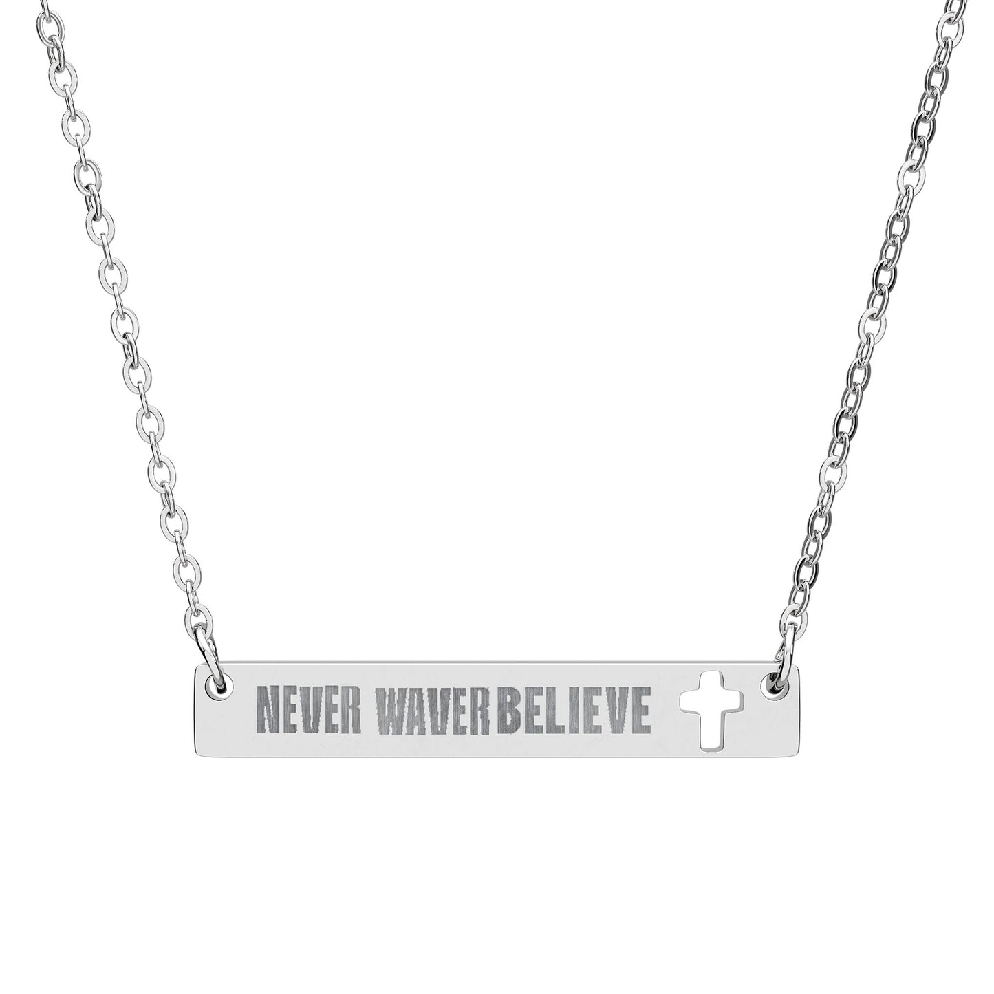 Cutout Cross Bar Necklace — "Never Waver, Believe" Engraved Christian Pendant
