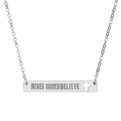 Cutout Cross Bar Necklace — "Never Waver, Believe" Engraved Christian Pendant