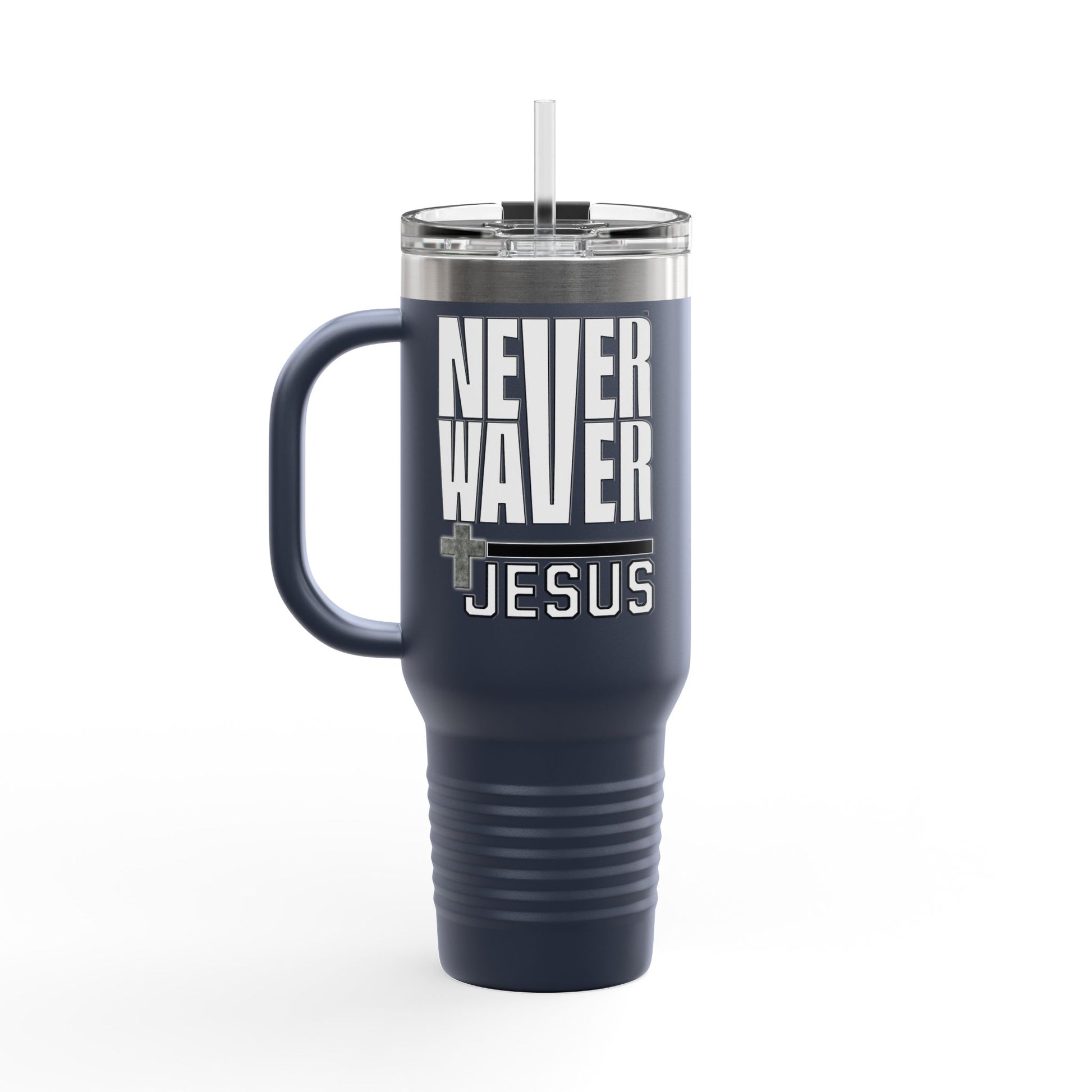 Insulated Travel Mug - "Never Waver” Jesus a bold, eye-catching design that reflects a steadfast faith and confidence in Christ. " - 40oz Sporty Drinkware - Never Waver