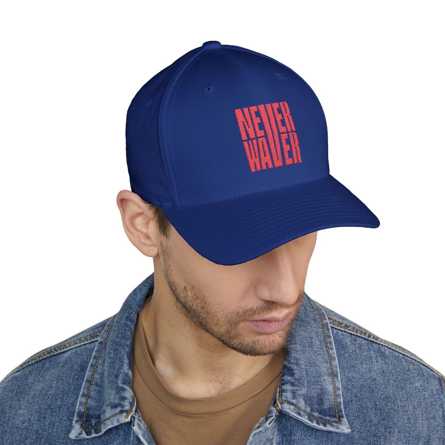 Stylish Embroidered Cap - "NEVER WAVER" Red Baseball Hat
