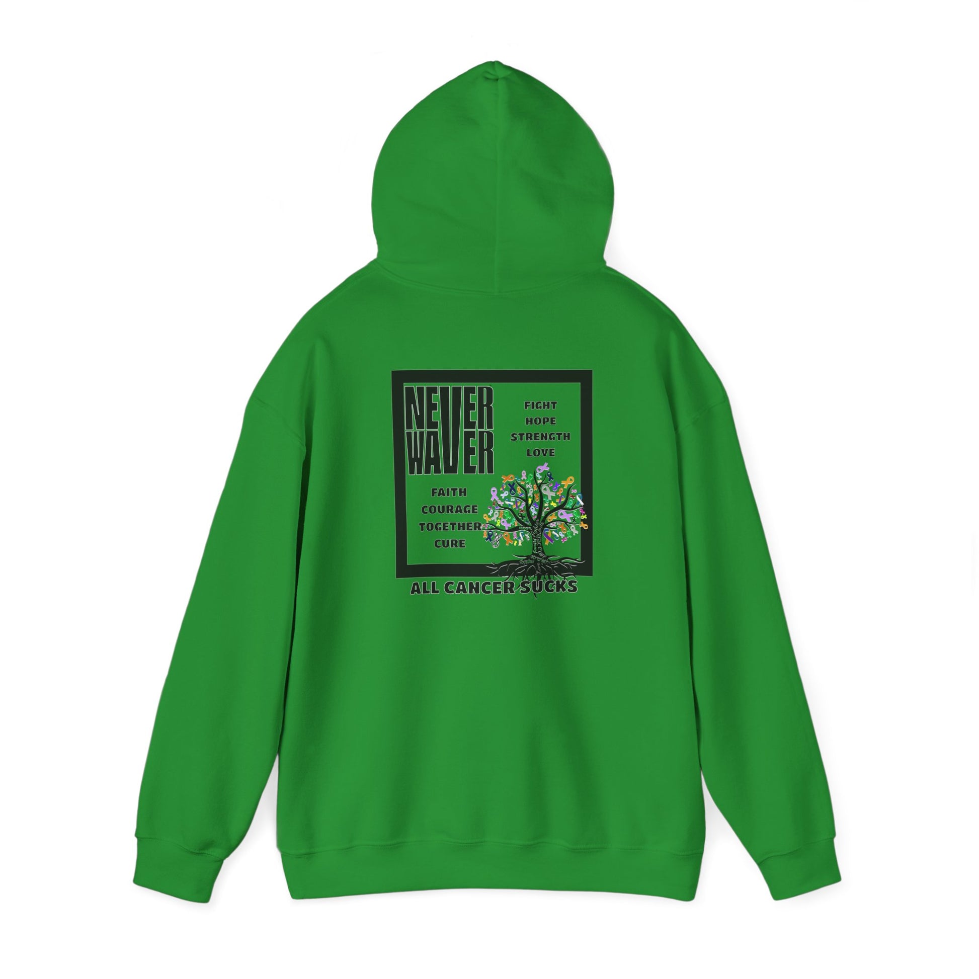Cancer Awareness Hoodie - Never Waver - Fight, Hope, Strength, Love Tree of Ribbons - Never Waver
