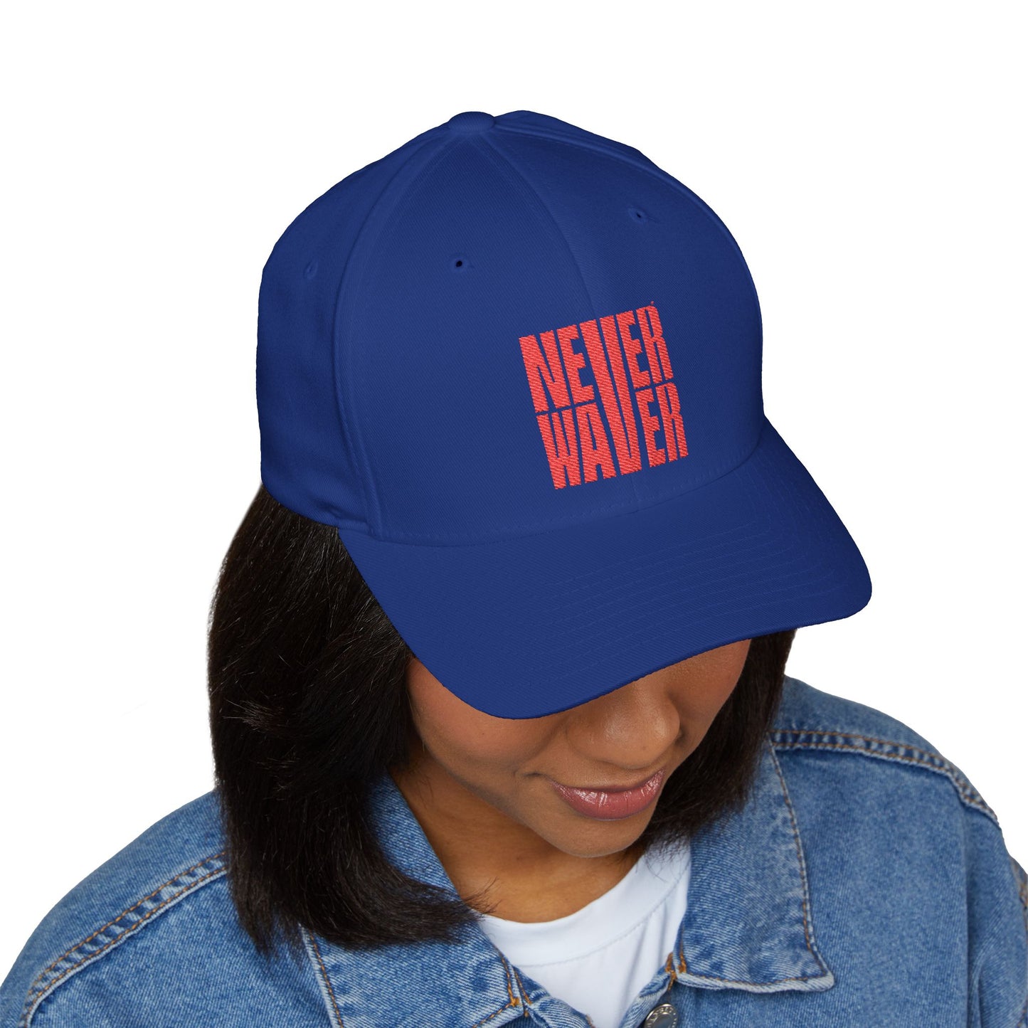 Stylish Embroidered Cap - "NEVER WAVER" Red Baseball Hat