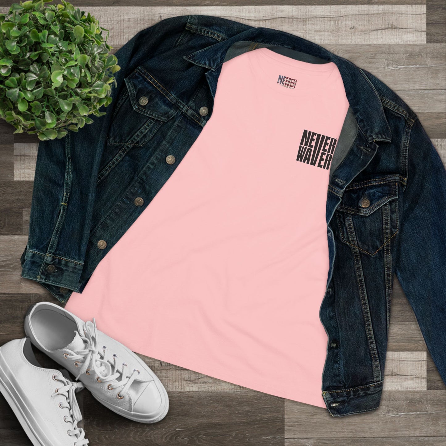 Never Waver” Jesus t-shirt might feature a bold, eye-catching design that reflects a steadfast faith and confidence in Christ.  Women's Cotton Tee - Never Waver