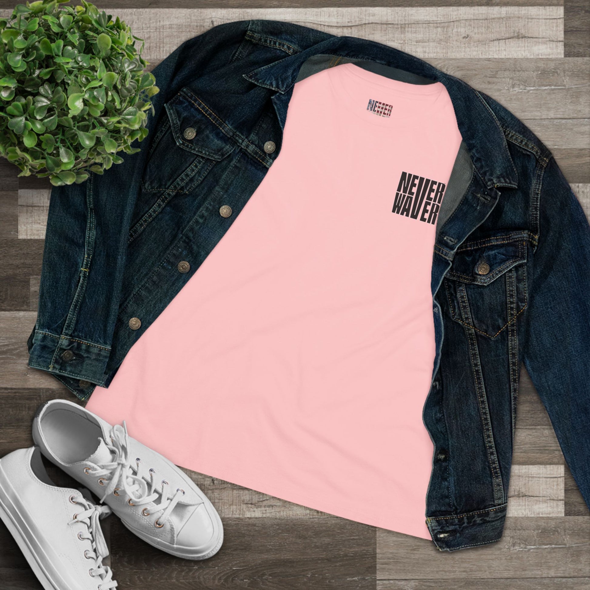 Never Waver” Jesus t-shirt might feature a bold, eye-catching design that reflects a steadfast faith and confidence in Christ.  Women's Cotton Tee - Never Waver