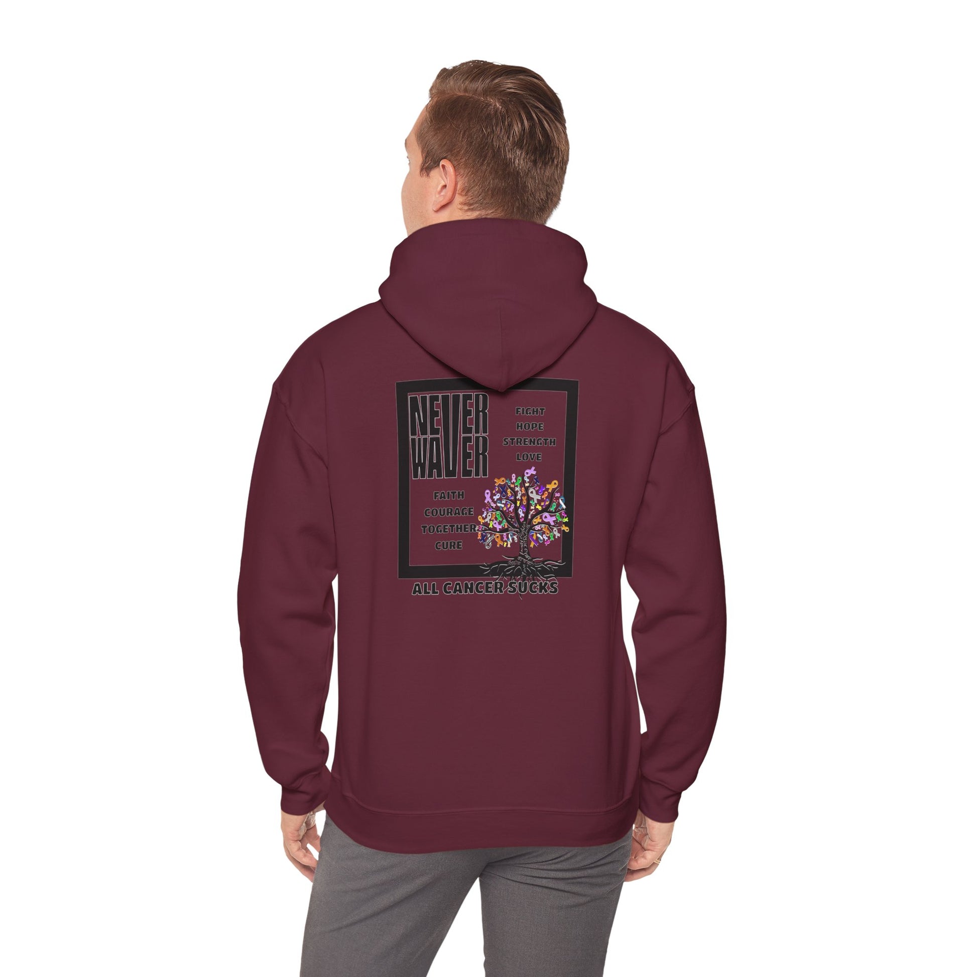 Cancer Awareness Hoodie - Never Waver - Fight, Hope, Strength, Love Tree of Ribbons - Never Waver