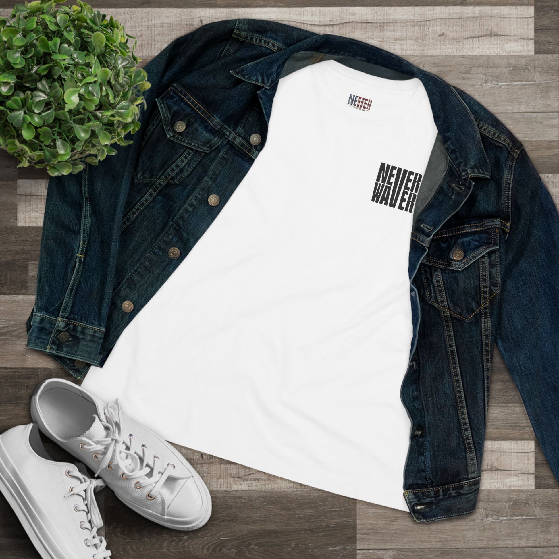 Never Waver” Jesus t-shirt might feature a bold, eye-catching design that reflects a steadfast faith and confidence in Christ.  Women's Cotton Tee - Never Waver