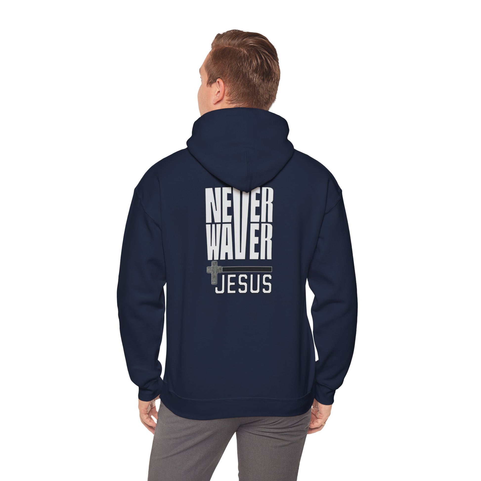 Never Waver” Jesus a bold, eye-catching design that reflects a steadfast faith and confidence in Christ. Hoodie - Unisex Heavy Blend™ Sweatshirt - Never Waver