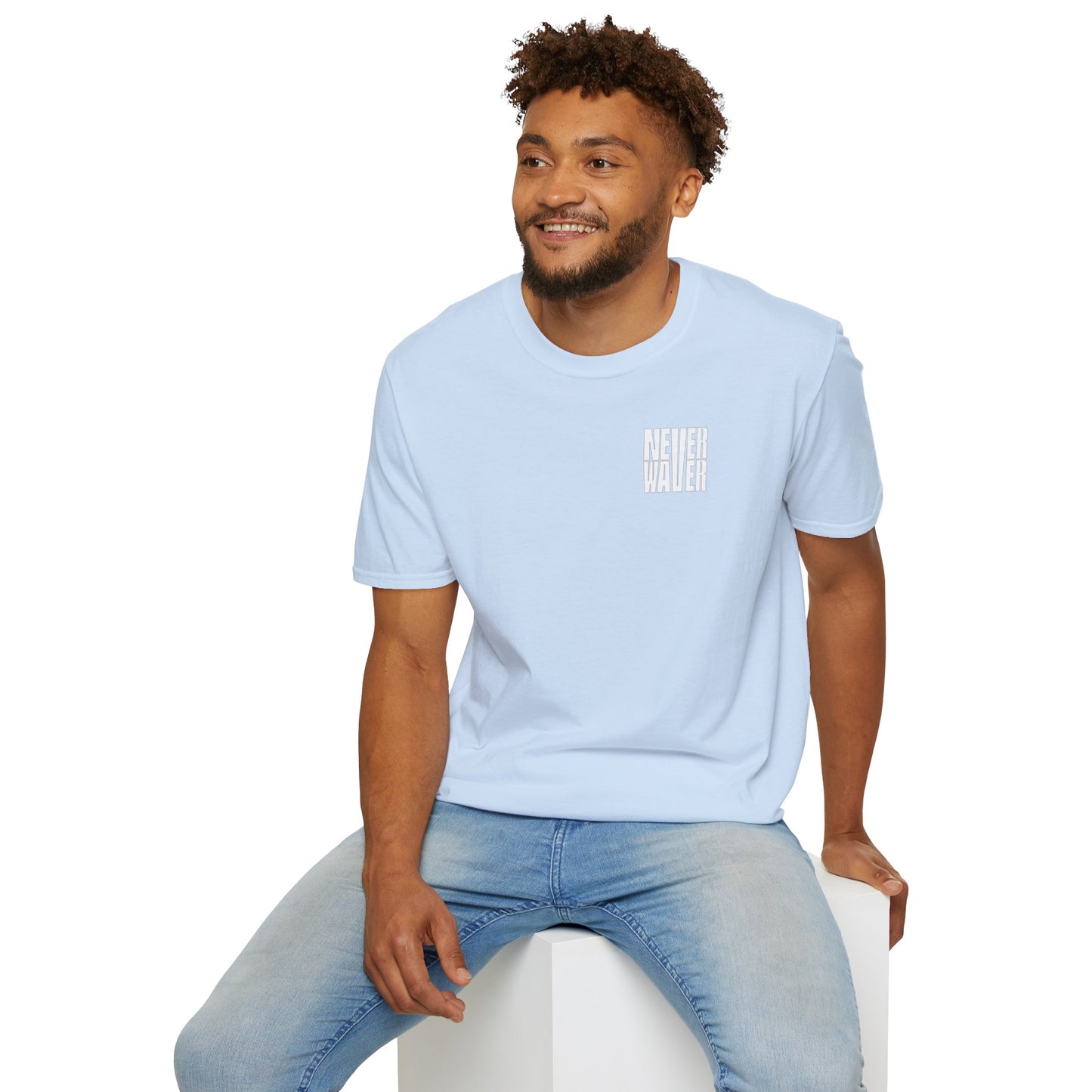 Never Waver” Jesus a bold, eye-catching design that reflects a steadfast faith and confidence in Christ.  Unisex Soft style T-Shirt