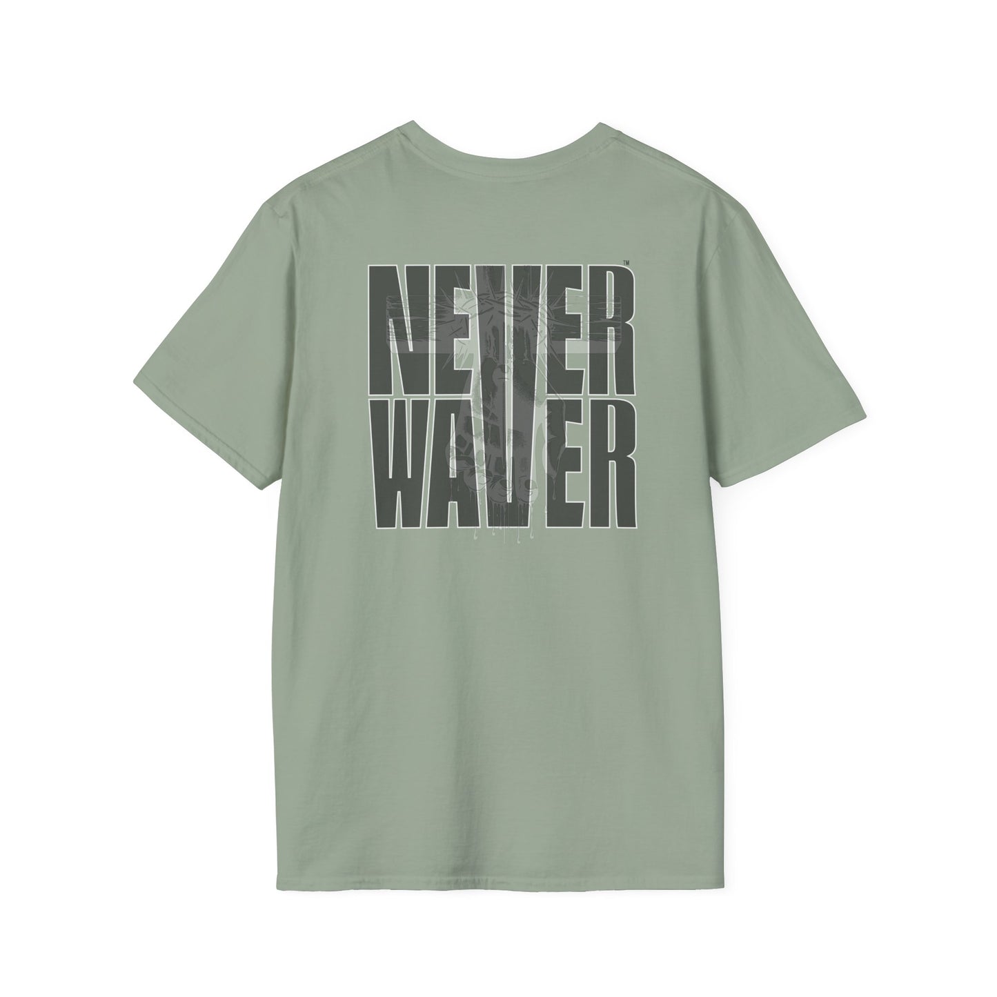 Never Waver” Jesus a bold, eye-catching design that reflects a steadfast faith and confidence in Christ. Unisex Soft style T-Shirt - Never Waver