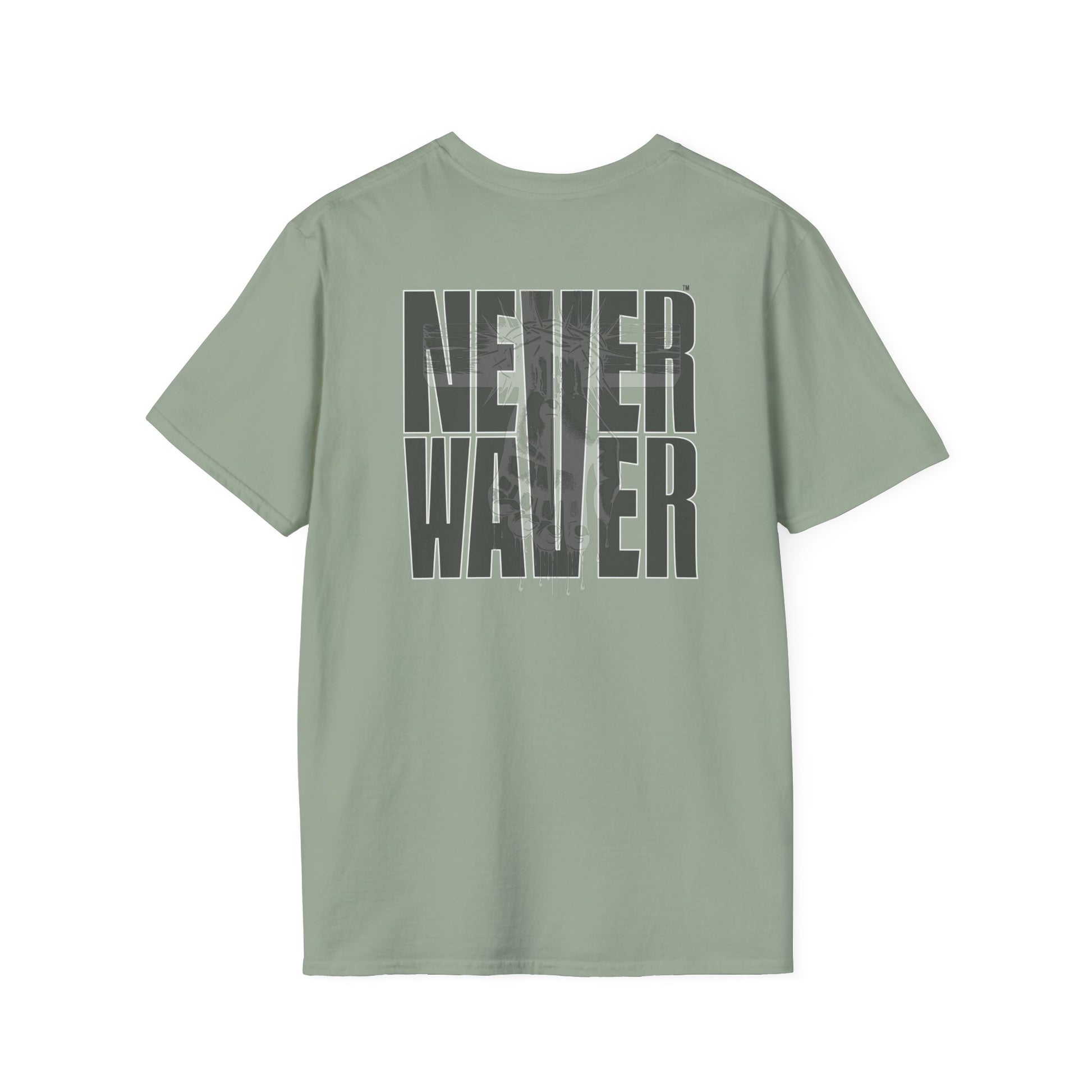 Never Waver” Jesus a bold, eye-catching design that reflects a steadfast faith and confidence in Christ. Unisex Soft style T-Shirt - Never Waver