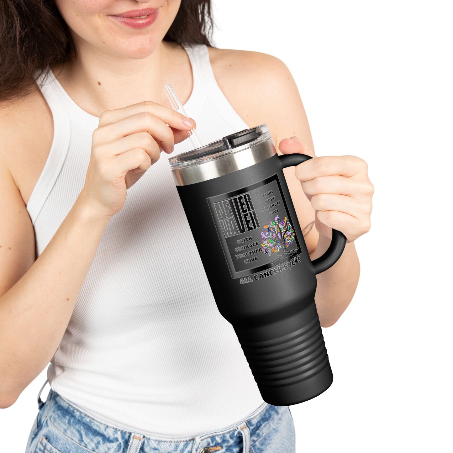 Insulated Travel Mug - Never Waver Tree of Cancer Ribbons, 40oz - Never Waver
