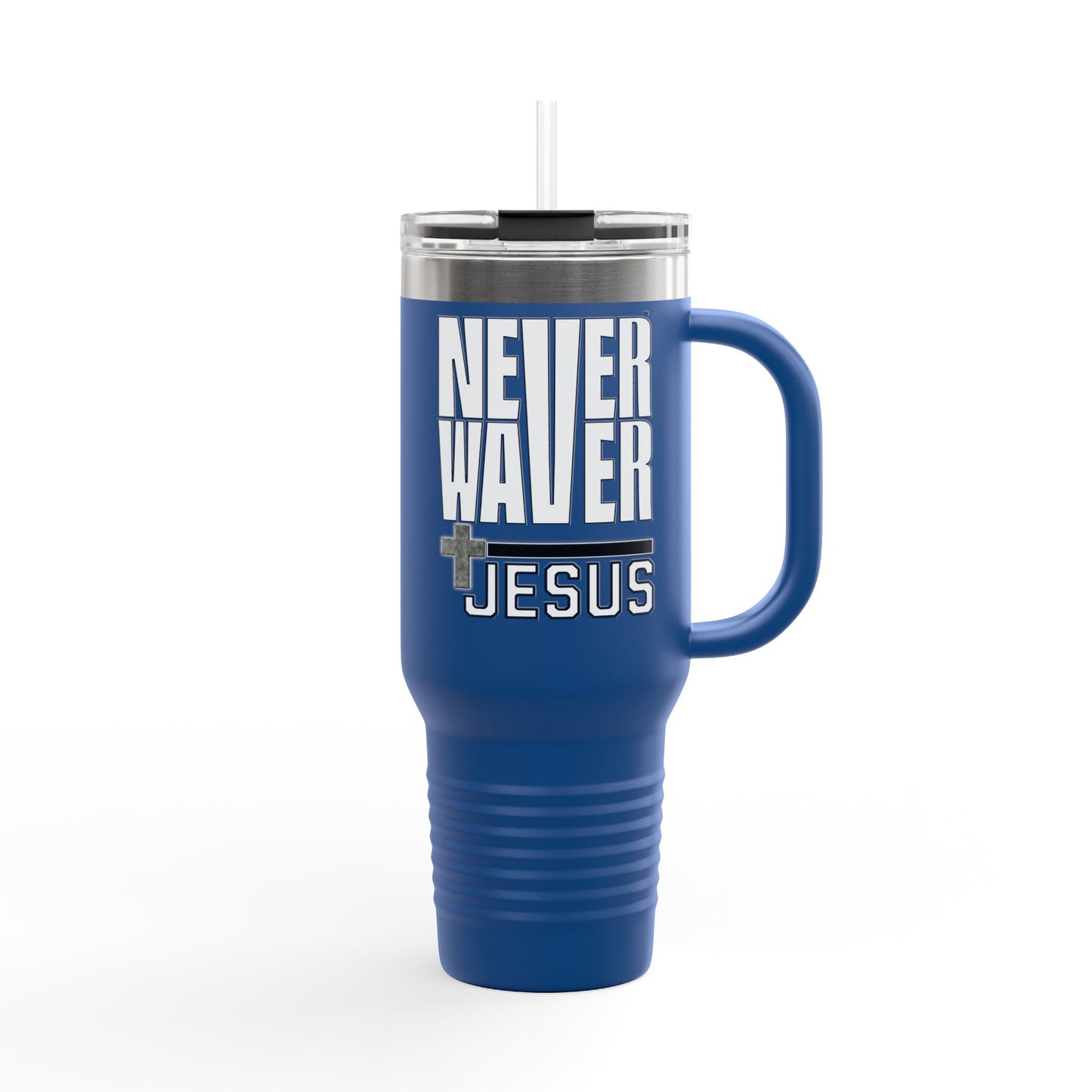 Insulated Travel Mug - "Never Waver” Jesus a bold, eye-catching design that reflects a steadfast faith and confidence in Christ. " - 40oz Sporty Drinkware - Never Waver