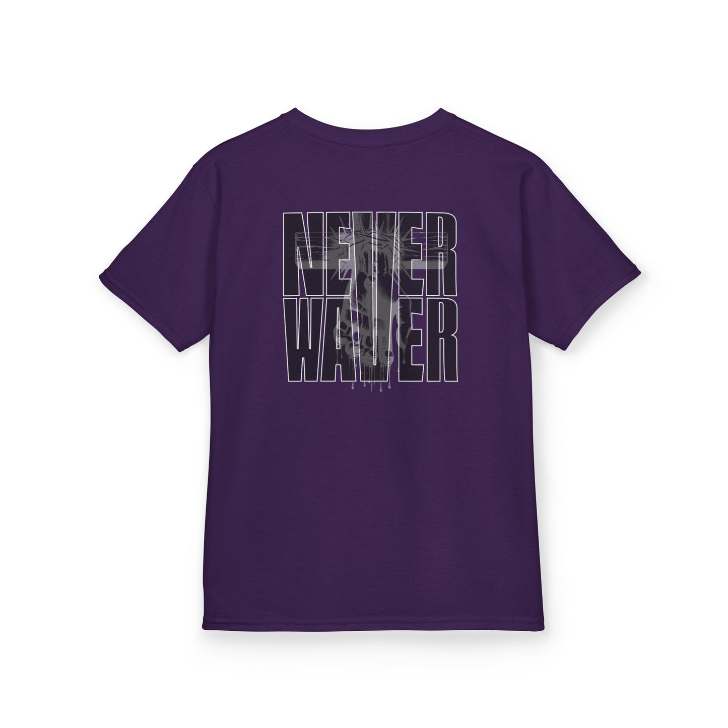 Kids Tee Never Waver” Jesus t-shirt might feature a bold, eye-catching design that reflects a steadfast faith and confidence in Christ.  - Never Waver