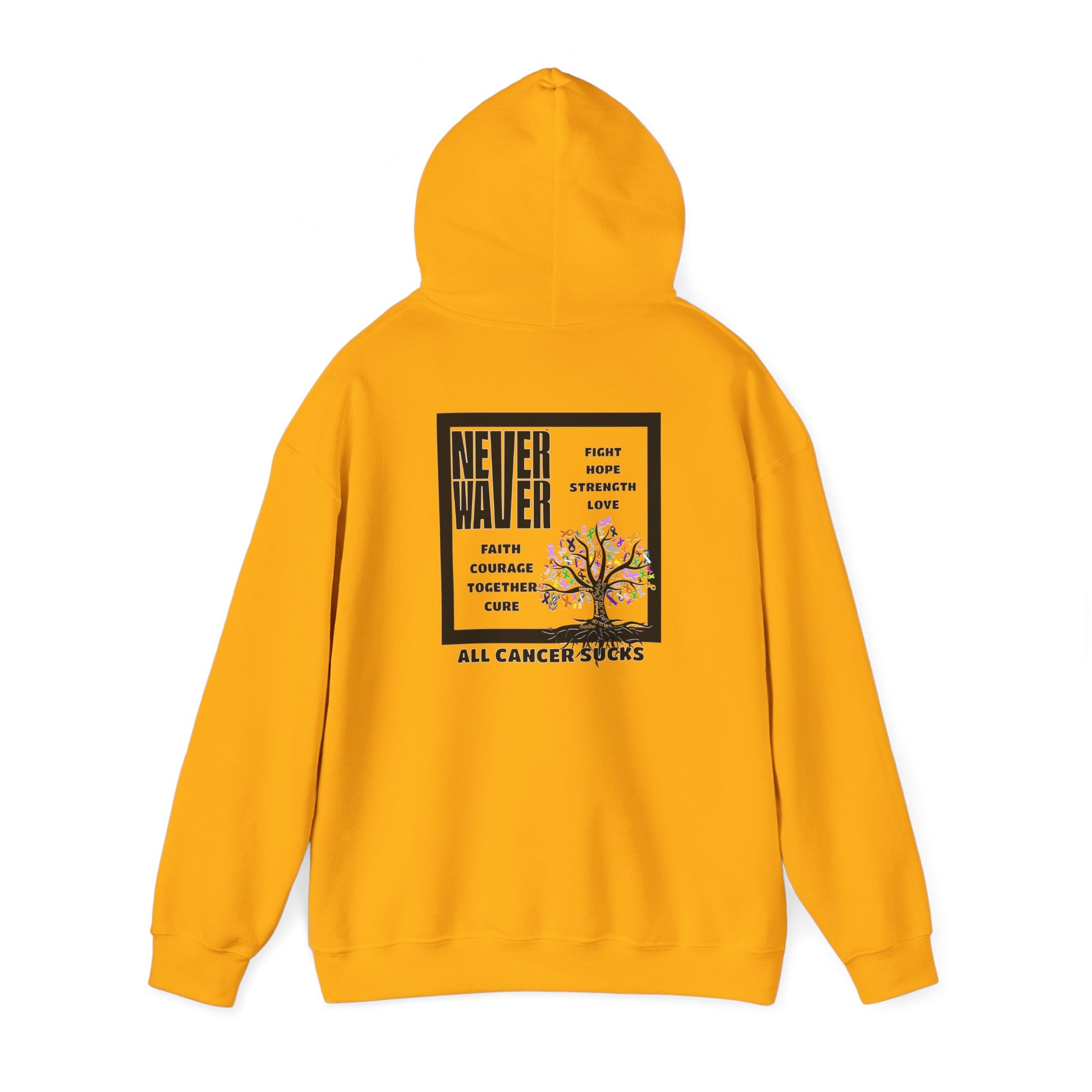 Cancer Awareness Hoodie - Never Waver - Fight, Hope, Strength, Love Tree of Ribbons - Never Waver