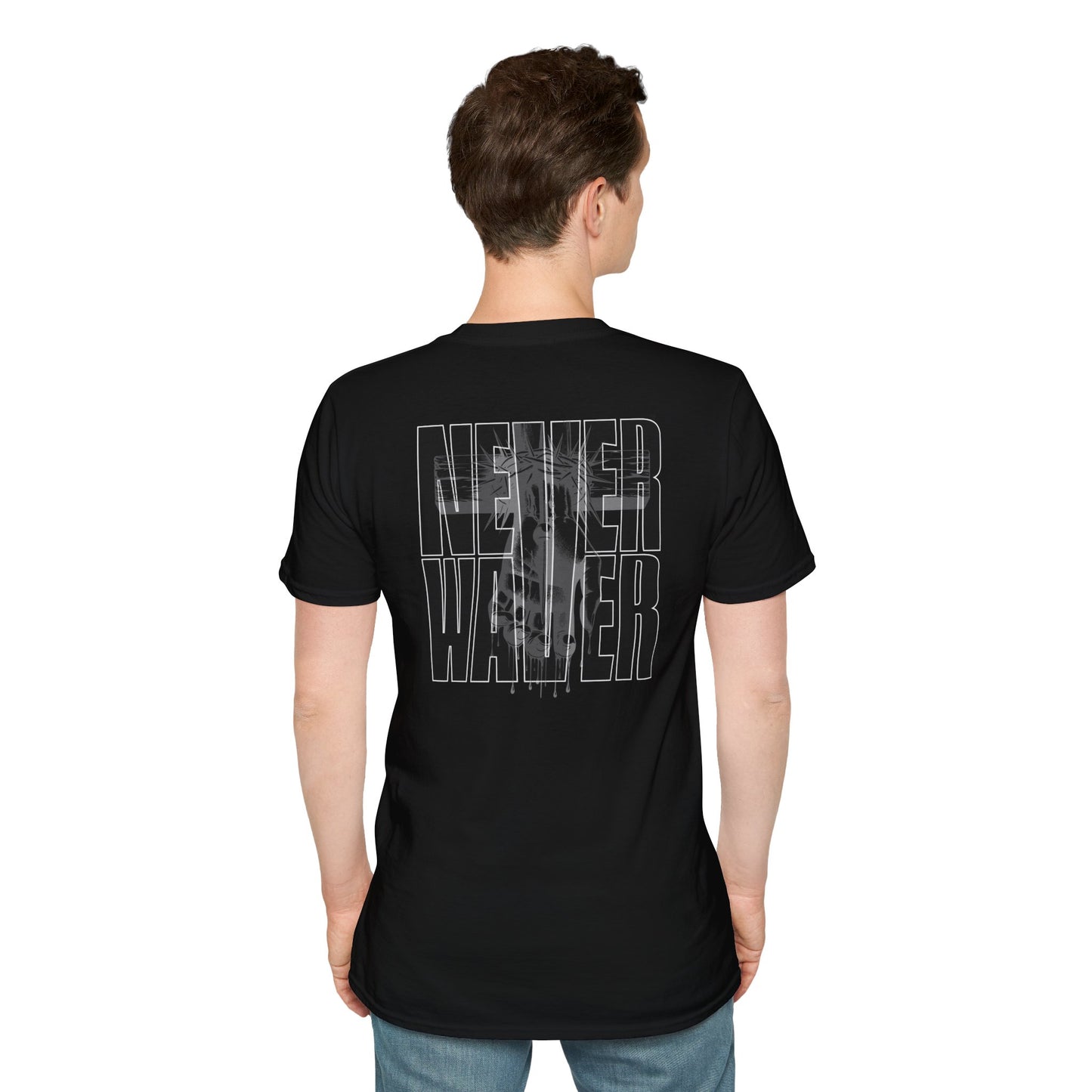 Never Waver” Jesus a bold, eye-catching design that reflects a steadfast faith and confidence in Christ. Unisex Soft style T-Shirt - Never Waver