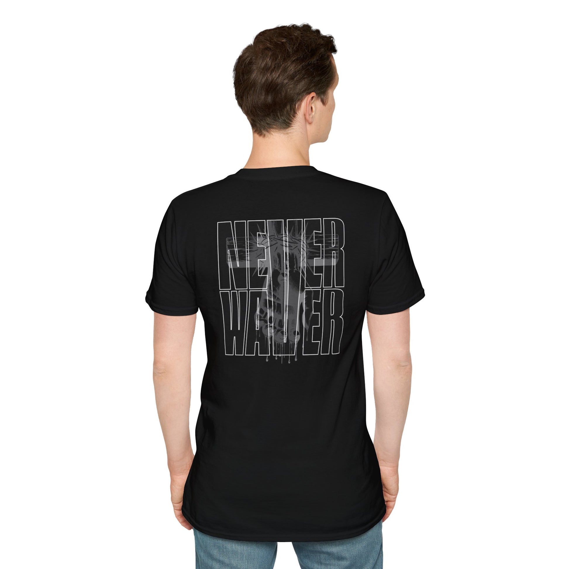 Never Waver” Jesus a bold, eye-catching design that reflects a steadfast faith and confidence in Christ. Unisex Soft style T-Shirt - Never Waver