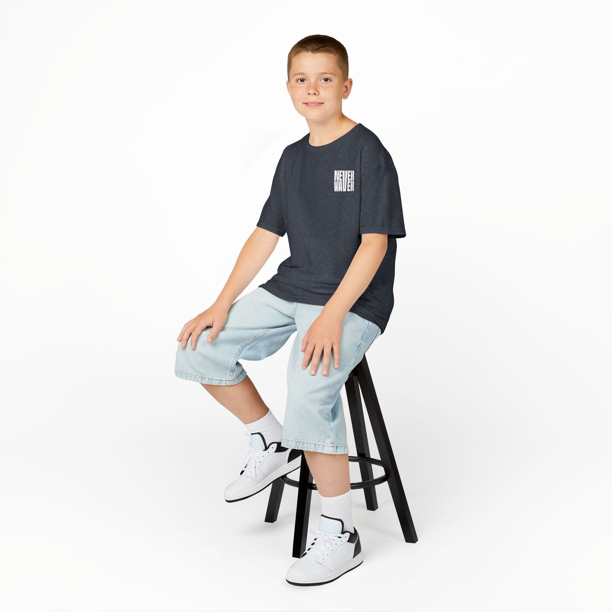 Kids Golf Tee -Never Waver” Jesus a bold, eye-catching design that reflects a steadfast faith and confidence in Christ. - Never Waver