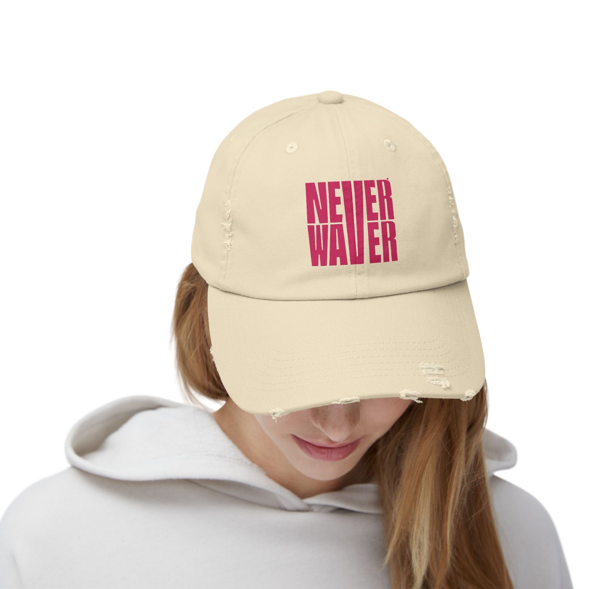 Unisex Distressed Cap - 'Never Waver' Motivational Hat - Never Waver