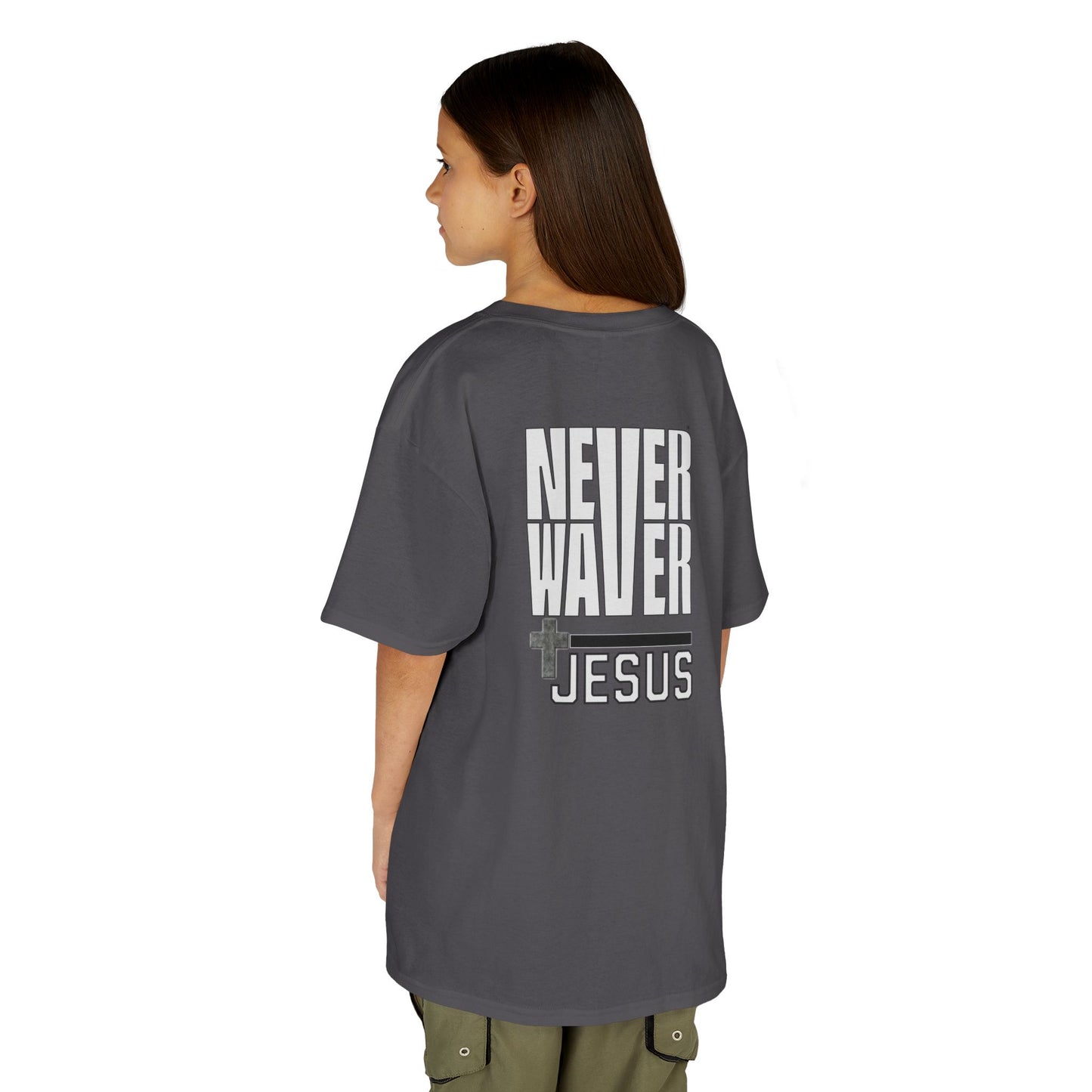 Kids Golf Tee -Never Waver” Jesus a bold, eye-catching design that reflects a steadfast faith and confidence in Christ. - Never Waver