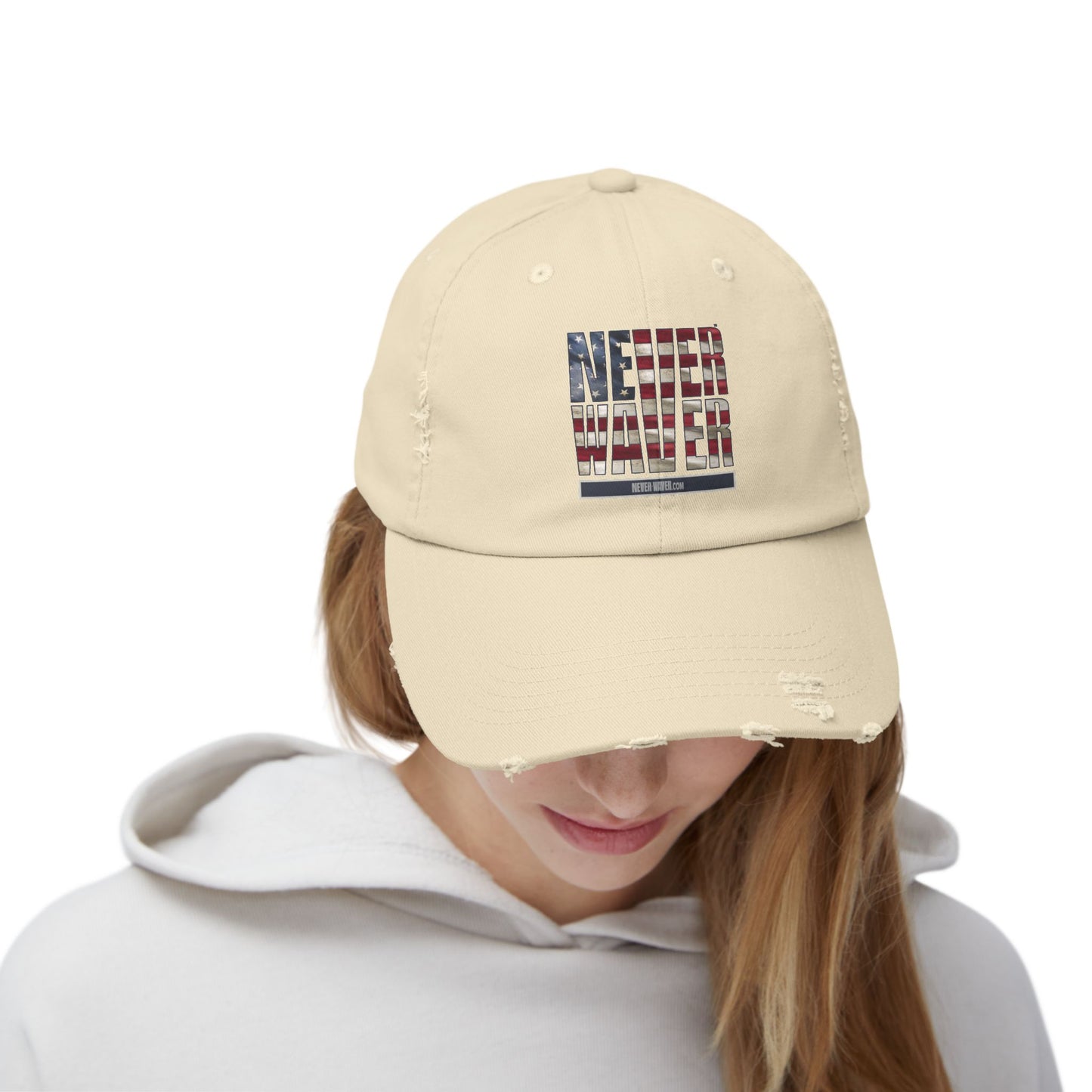 Distressed Cap - "Never Waver" Statement Hat for Everyday Style Patriotic