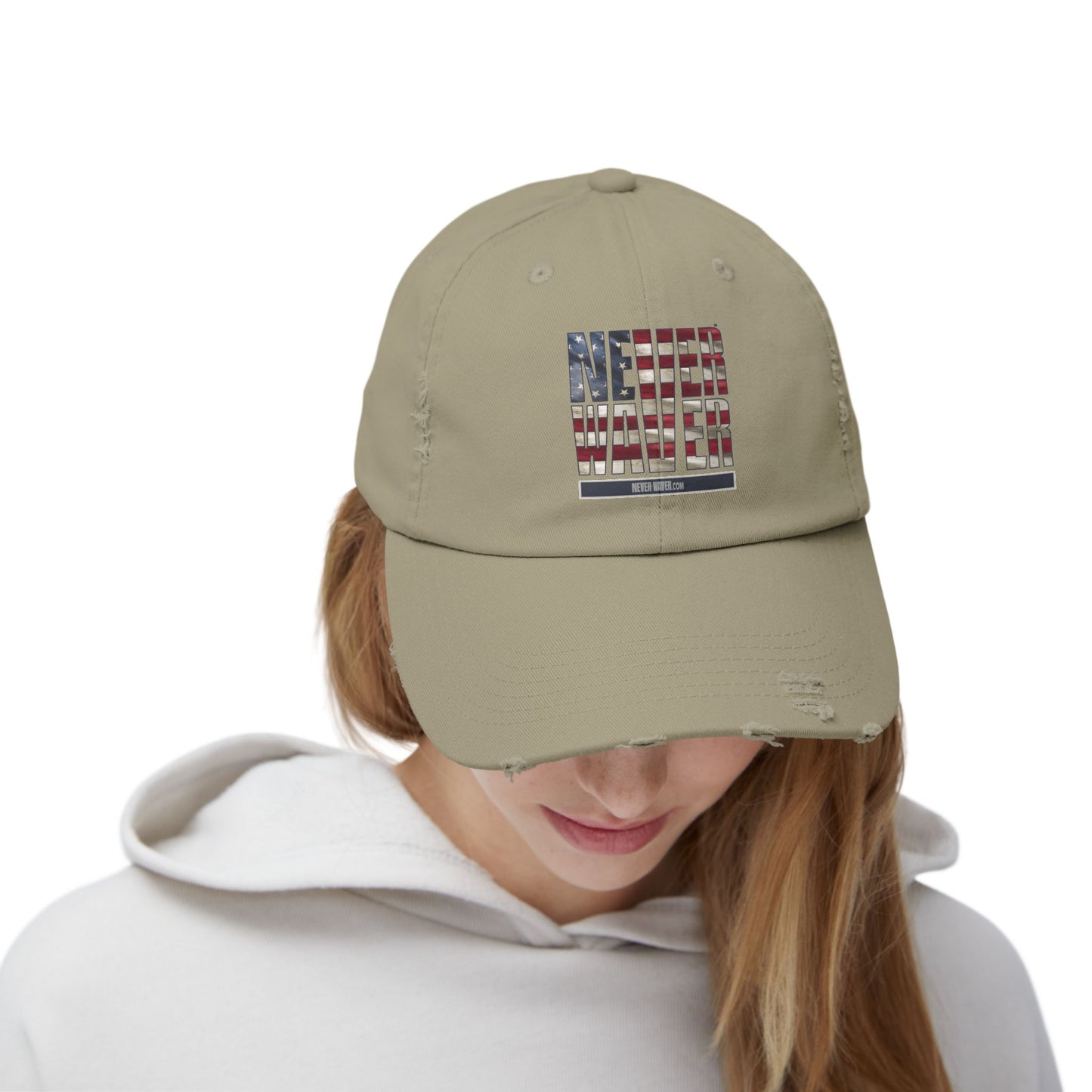 Distressed Cap - "Never Waver" Statement Hat for Everyday Style Patriotic