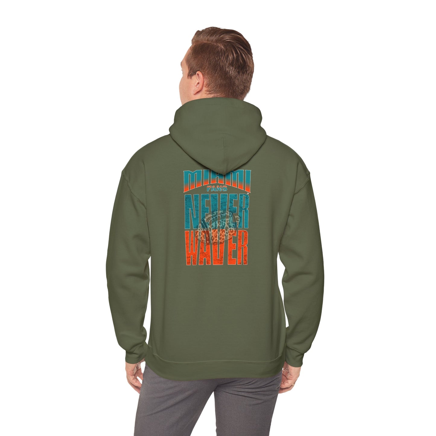 Unisex Heavy Blend™ Hooded Sweatshirt -Miami Fans  NEVER WAVER w Leopard Football | Cozy Streetwear for Every Day - Never Waver