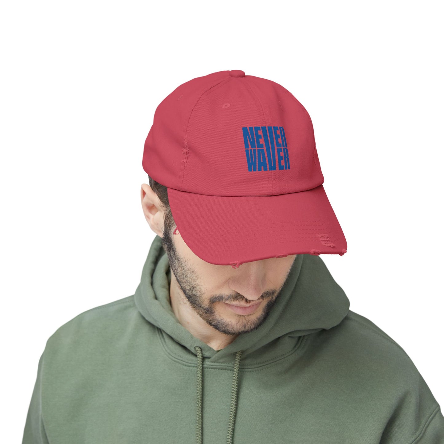 Unisex Distressed Cap - ‘NEVER WAVER’ Motivational Hat for Everyday Inspiration