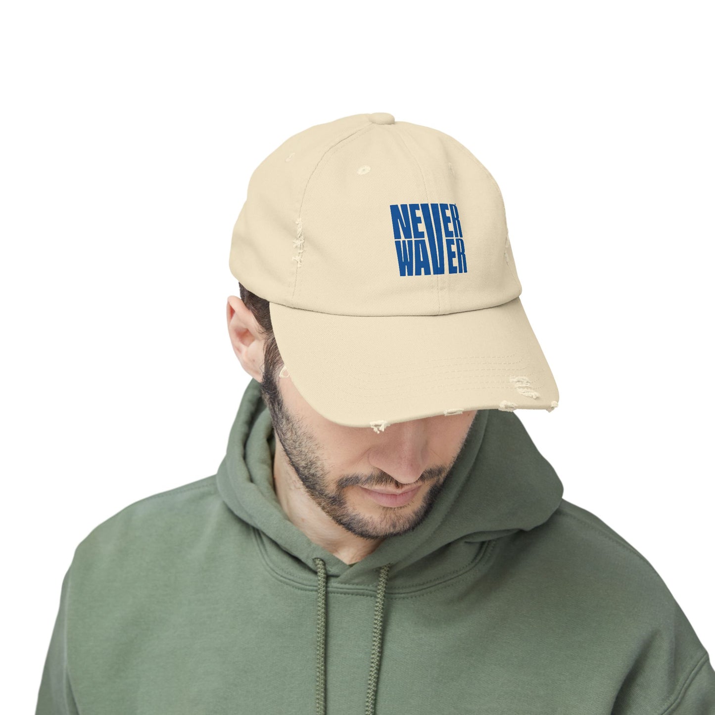 Unisex Distressed Cap - ‘NEVER WAVER’ Motivational Hat for Everyday Inspiration