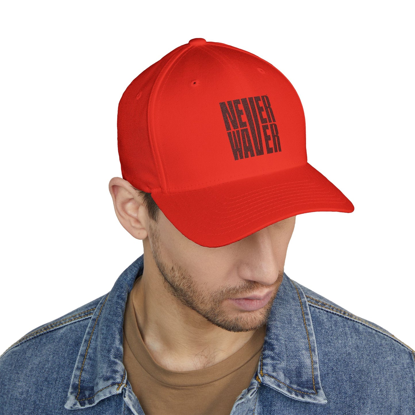 Never Waver Embroidered Cap - Structured White Baseball Hat for Motivation and Style