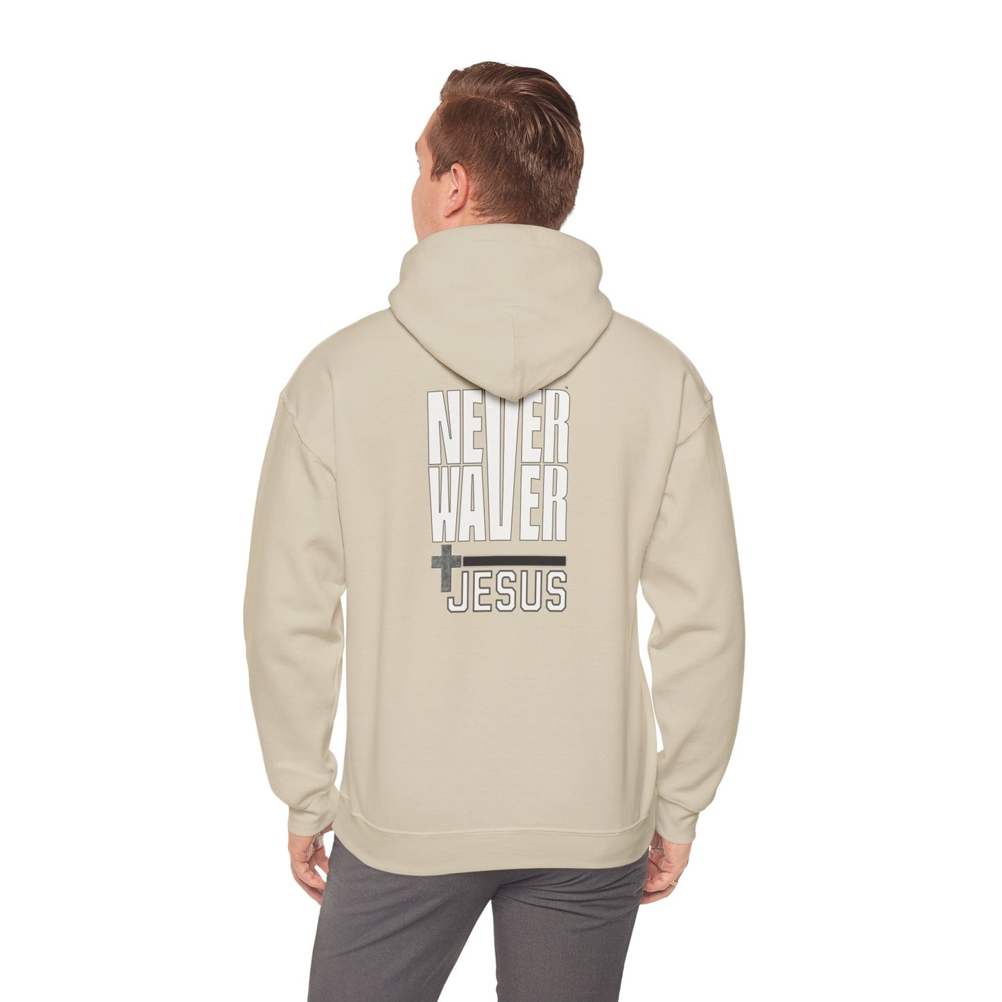 Never Waver” Jesus a bold, eye-catching design that reflects a steadfast faith and confidence in Christ. Hoodie - Unisex Heavy Blend™ Sweatshirt - Never Waver