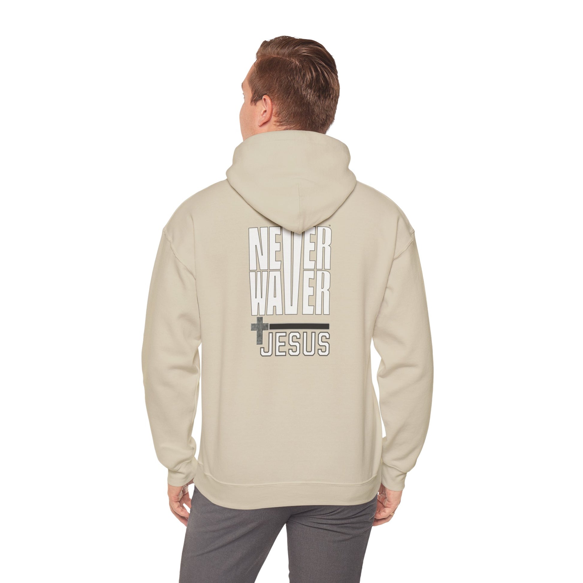 Never Waver” Jesus a bold, eye-catching design that reflects a steadfast faith and confidence in Christ. Hoodie - Unisex Heavy Blend™ Sweatshirt - Never Waver