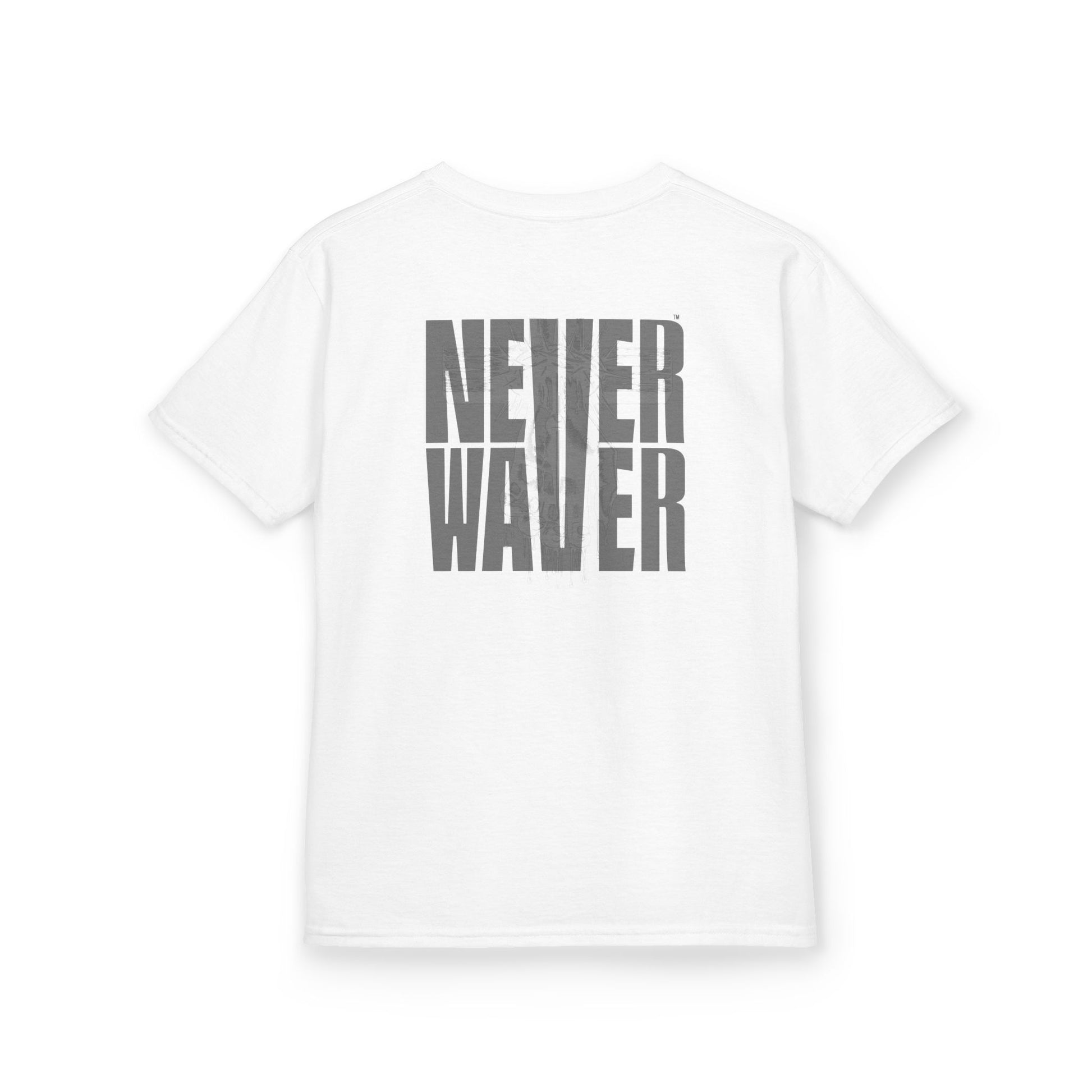 Kids Tee Never Waver” Jesus t-shirt might feature a bold, eye-catching design that reflects a steadfast faith and confidence in Christ.  - Never Waver