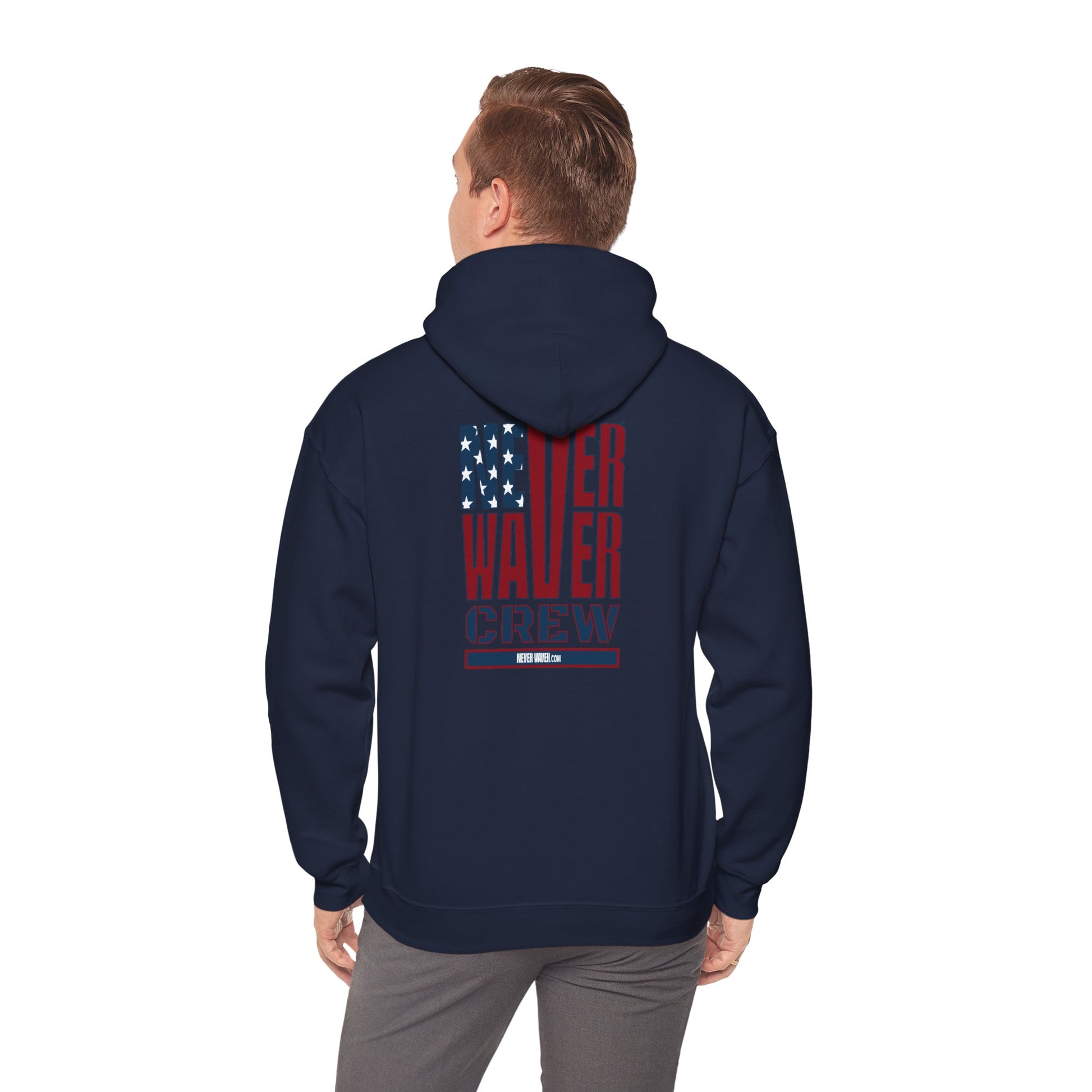 Unisex Heavy Blend™ Hooded Sweatshirt - Never Waver Crew with  American Flag Design - Never Waver
