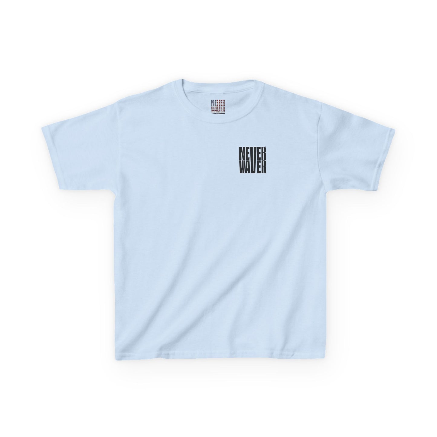 Kids Tee Never Waver” Jesus t-shirt might feature a bold, eye-catching design that reflects a steadfast faith and confidence in Christ.  - Never Waver